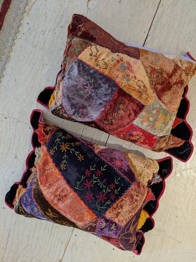 Curated visual reference: Fresh Look at Richly Patterned Antique Crazy Quilt And Two Pillows For Sale