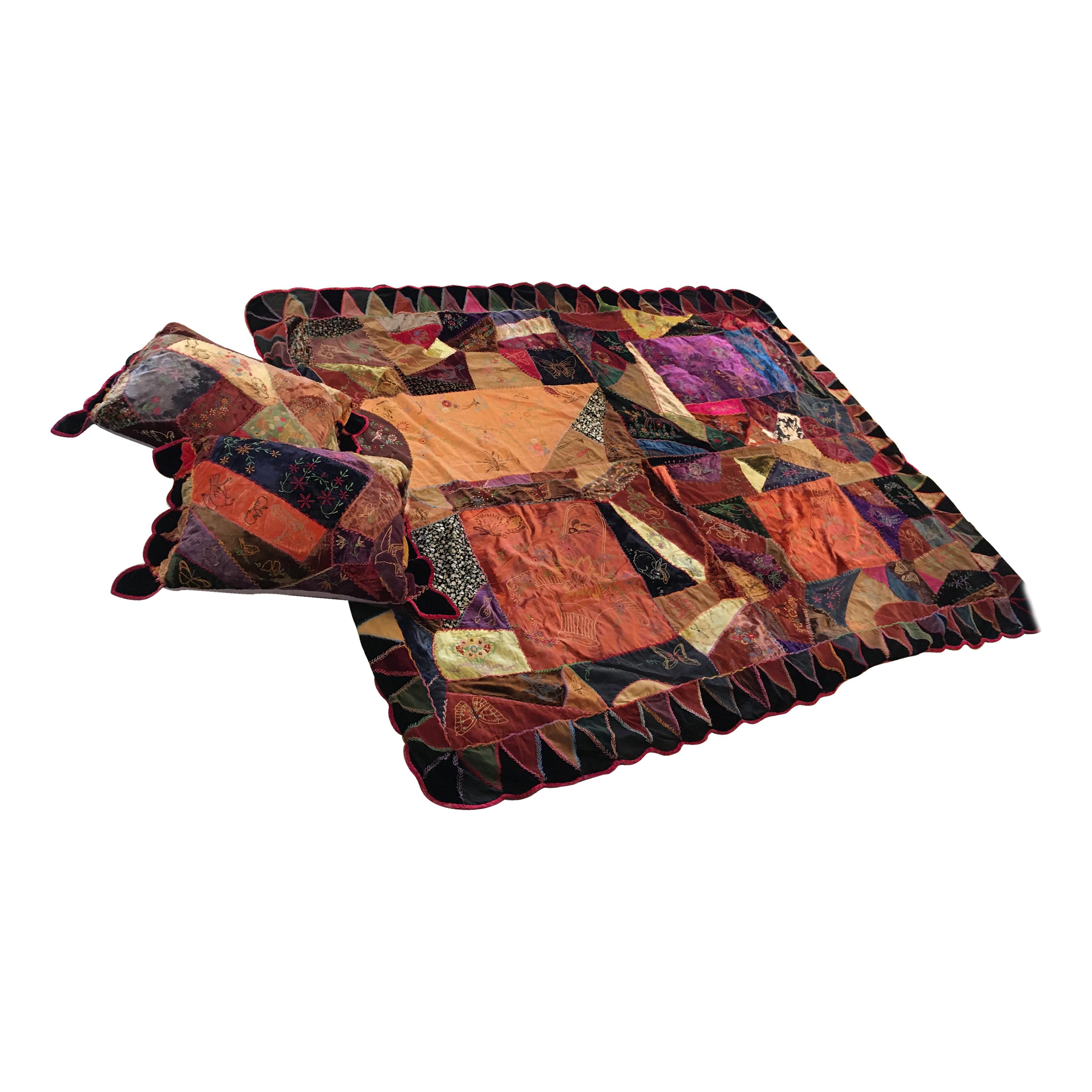 Richly Patterned Antique Crazy Quilt and Two Pillows For Sale