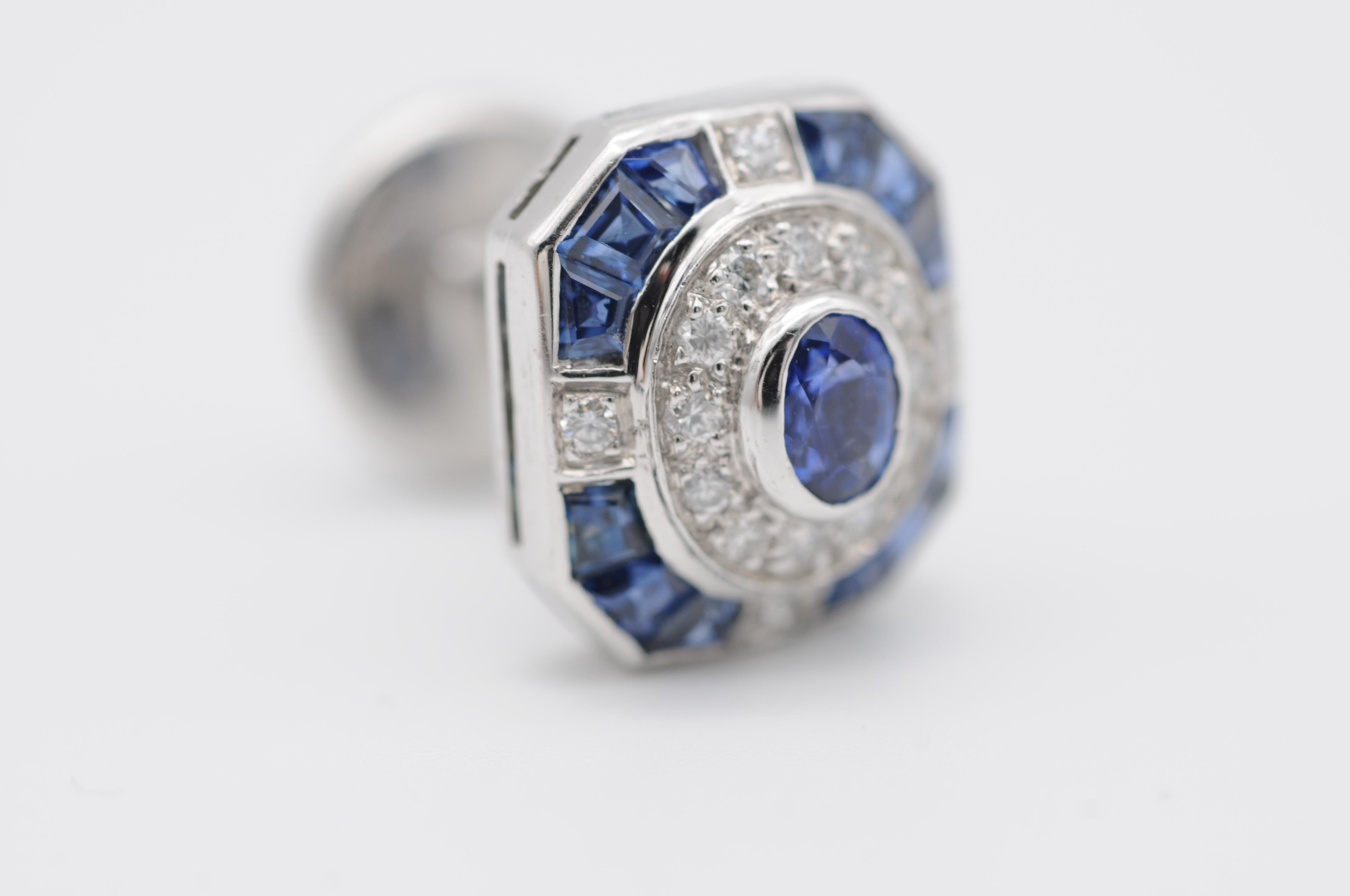 Richly Set 18K Sapphire and Diamond Cufflinks, White Gold In Good Condition In Berlin, BE