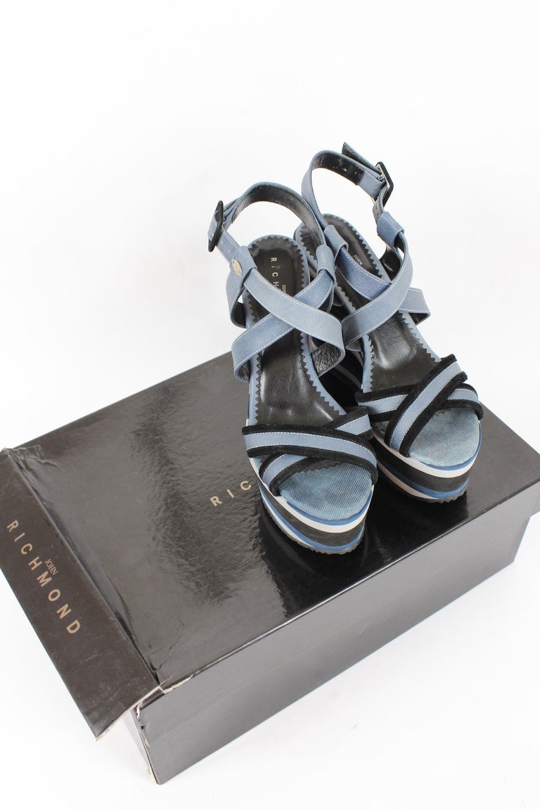 Richmond Blue Black Pinstripe Denim Wedge Shoes For Sale at 1stDibs