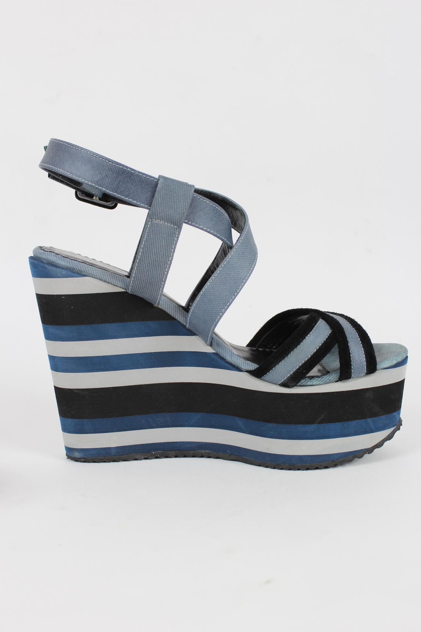 Richmond Blue Black Pinstripe Denim Wedge Shoes In New Condition For Sale In Brindisi, Bt