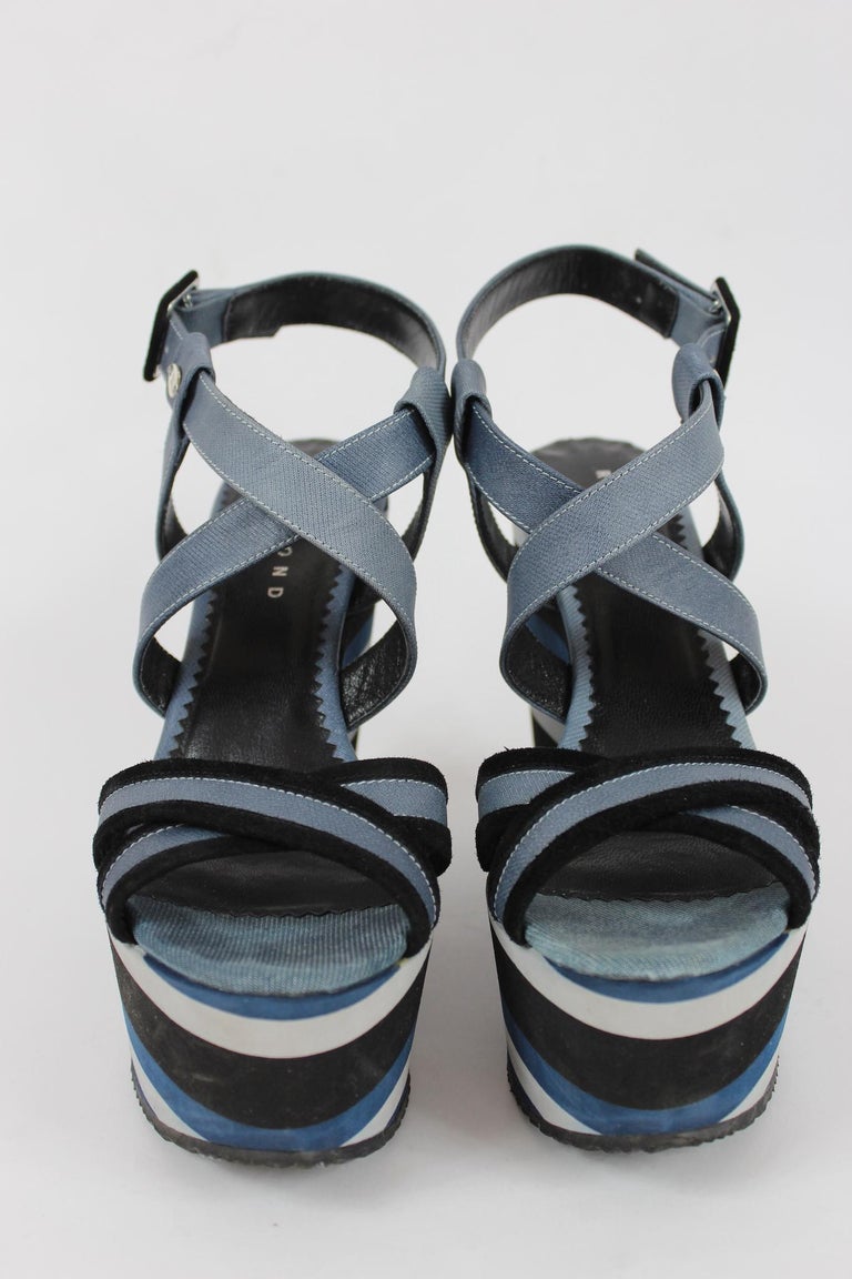 Richmond Blue Black Pinstripe Denim Wedge Shoes For Sale at 1stDibs