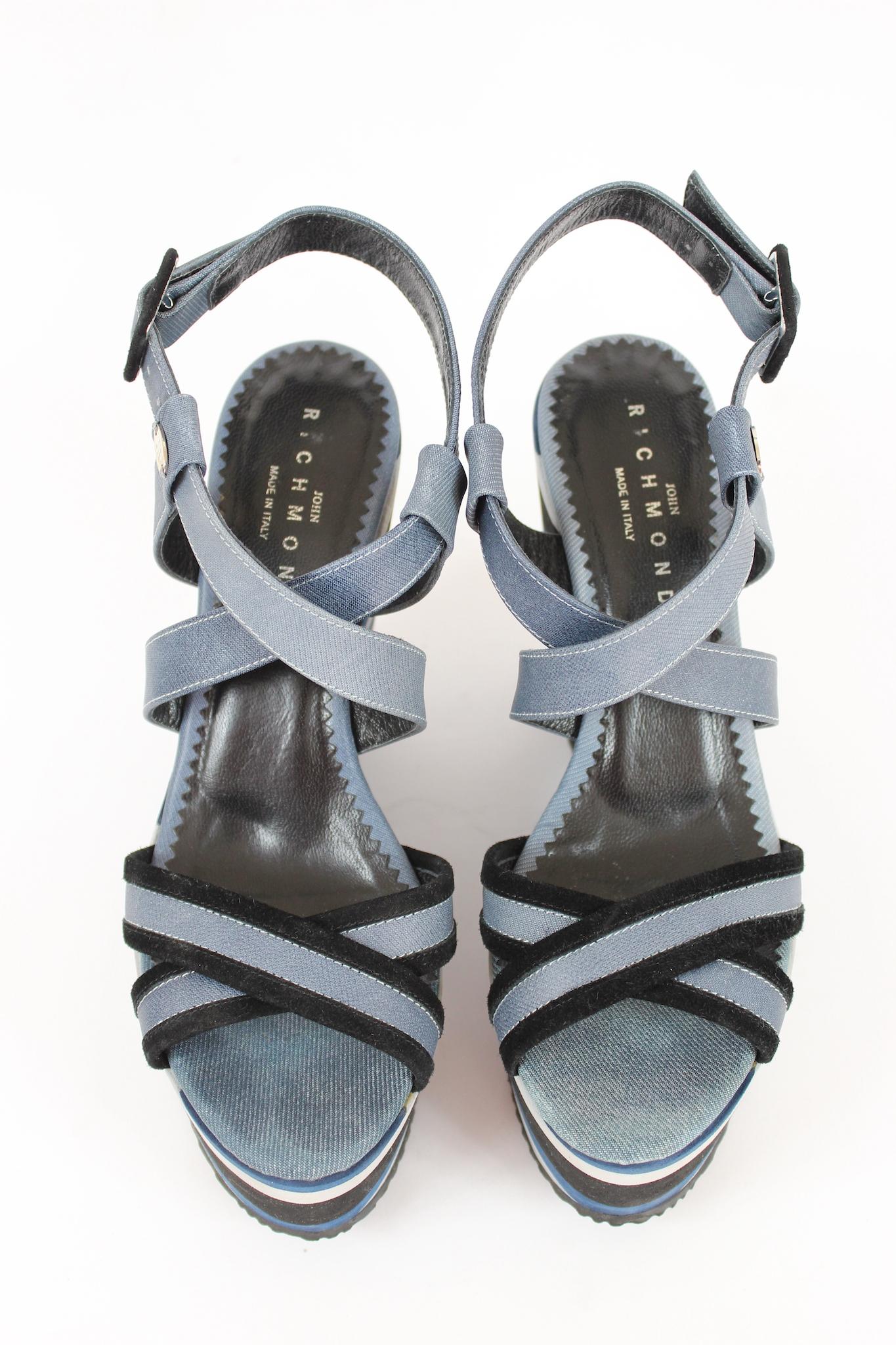 Richmond Blue Black Pinstripe Denim Wedge Shoes For Sale 1