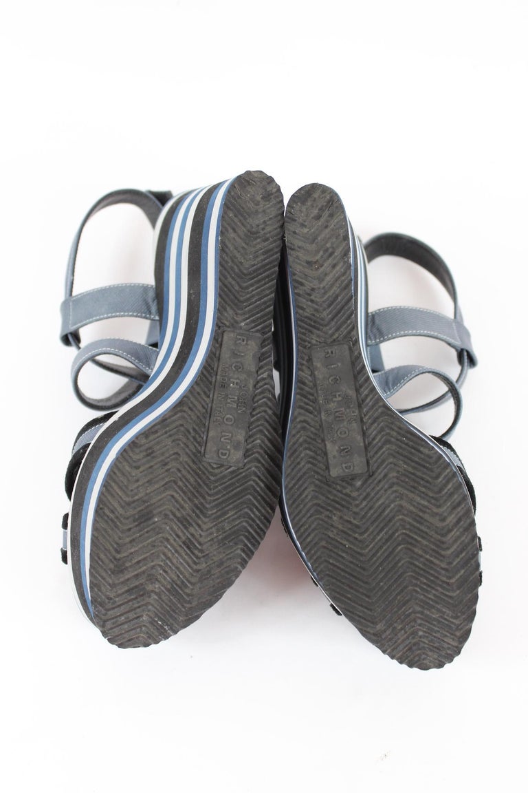 Richmond Blue Black Pinstripe Denim Wedge Shoes For Sale at 1stDibs