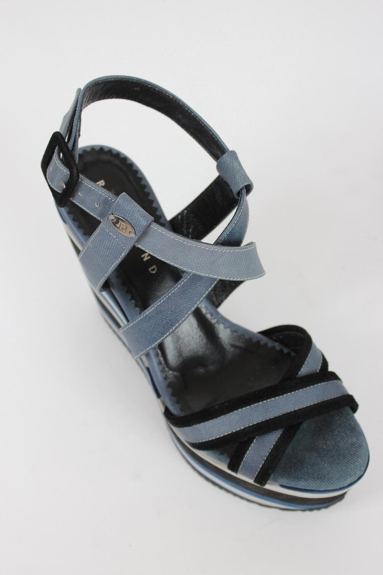 Richmond Blue Black Pinstripe Denim Wedge Shoes For Sale at 1stDibs