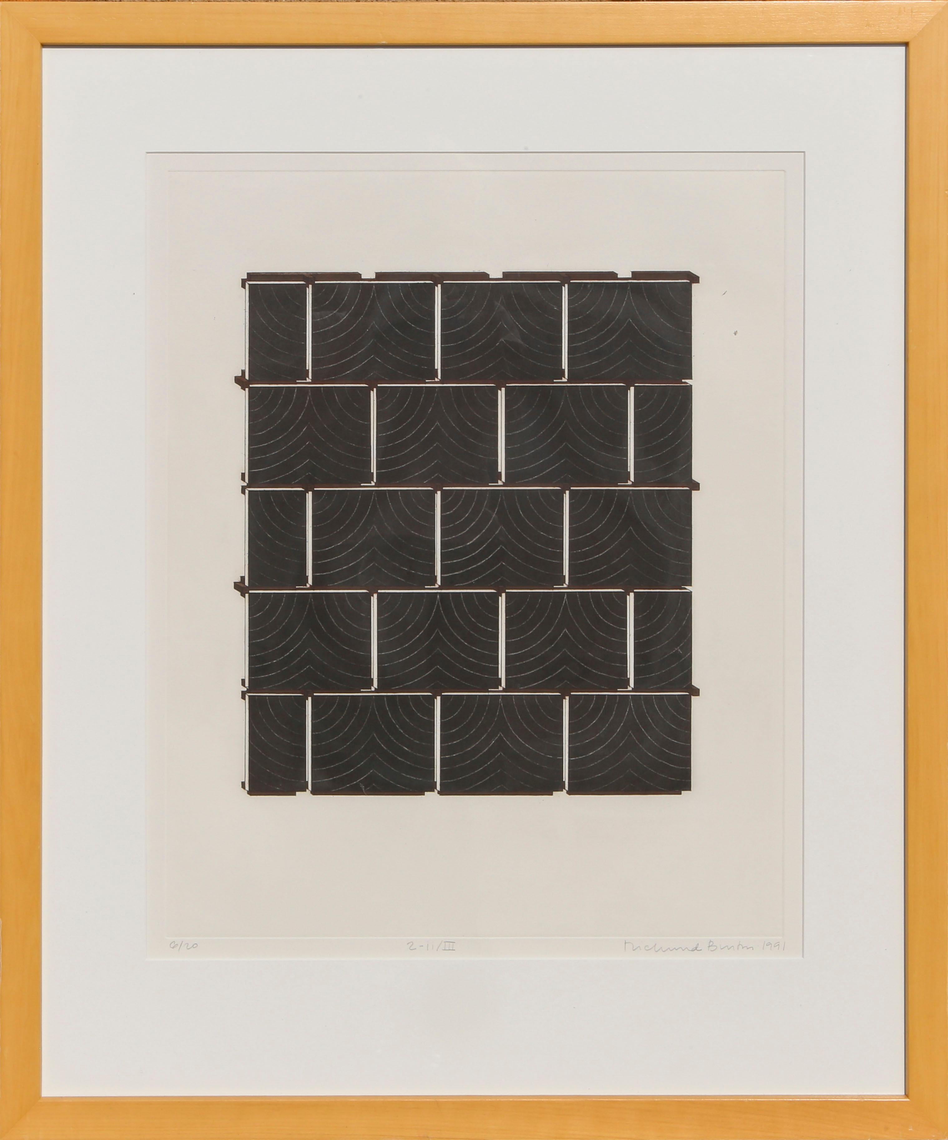 A minimalist print that at first glance resembles a brick wall. However, behind the grid, there is a repeating circular pattern that overlaps itself like perfect symmetrical waves. This print is signed, numbered, and titled by the artist in