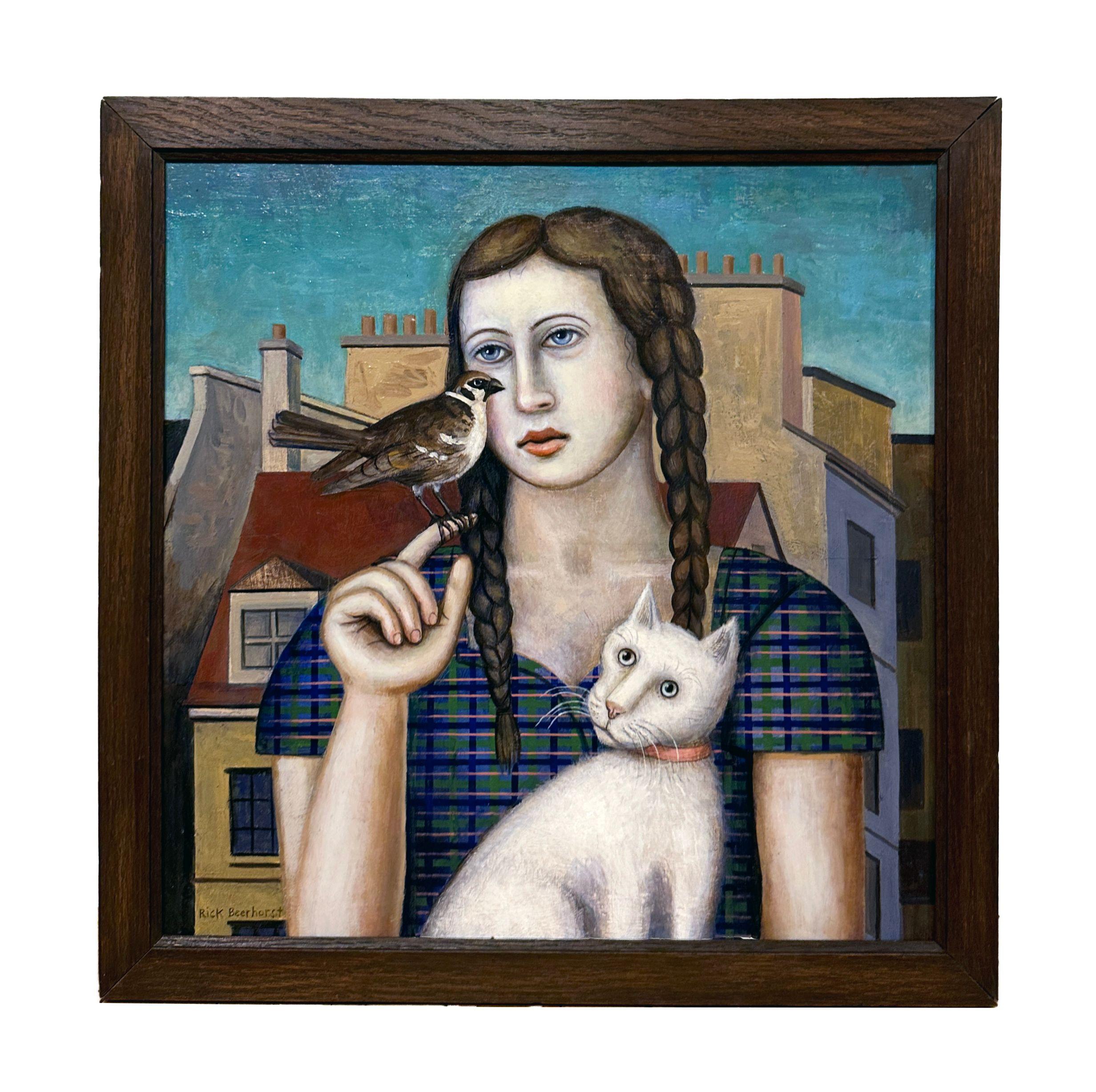 Rick Beerhorst Animal Painting - A Woman Holding Space - A Woman, Cat and Bird in Front of City Backdrop