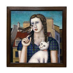 Eine Frau, die Raum hält - Eine Frau, eine Katze und ein Vogel vor einem städtischen Hintergrund