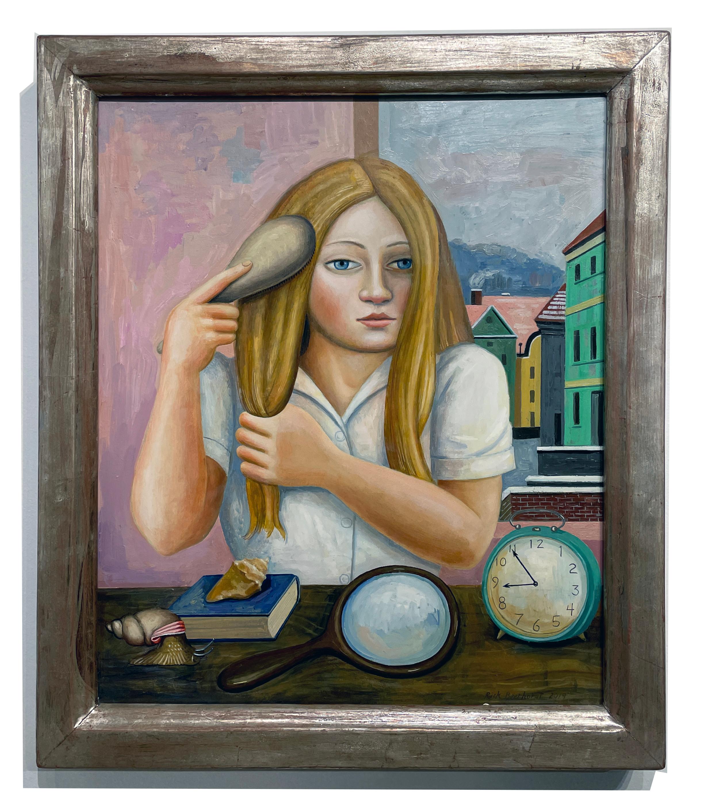 Brushing Her Hair - Portrait of a Young Woman with Various Objects and Window - Painting by Rick Beerhorst