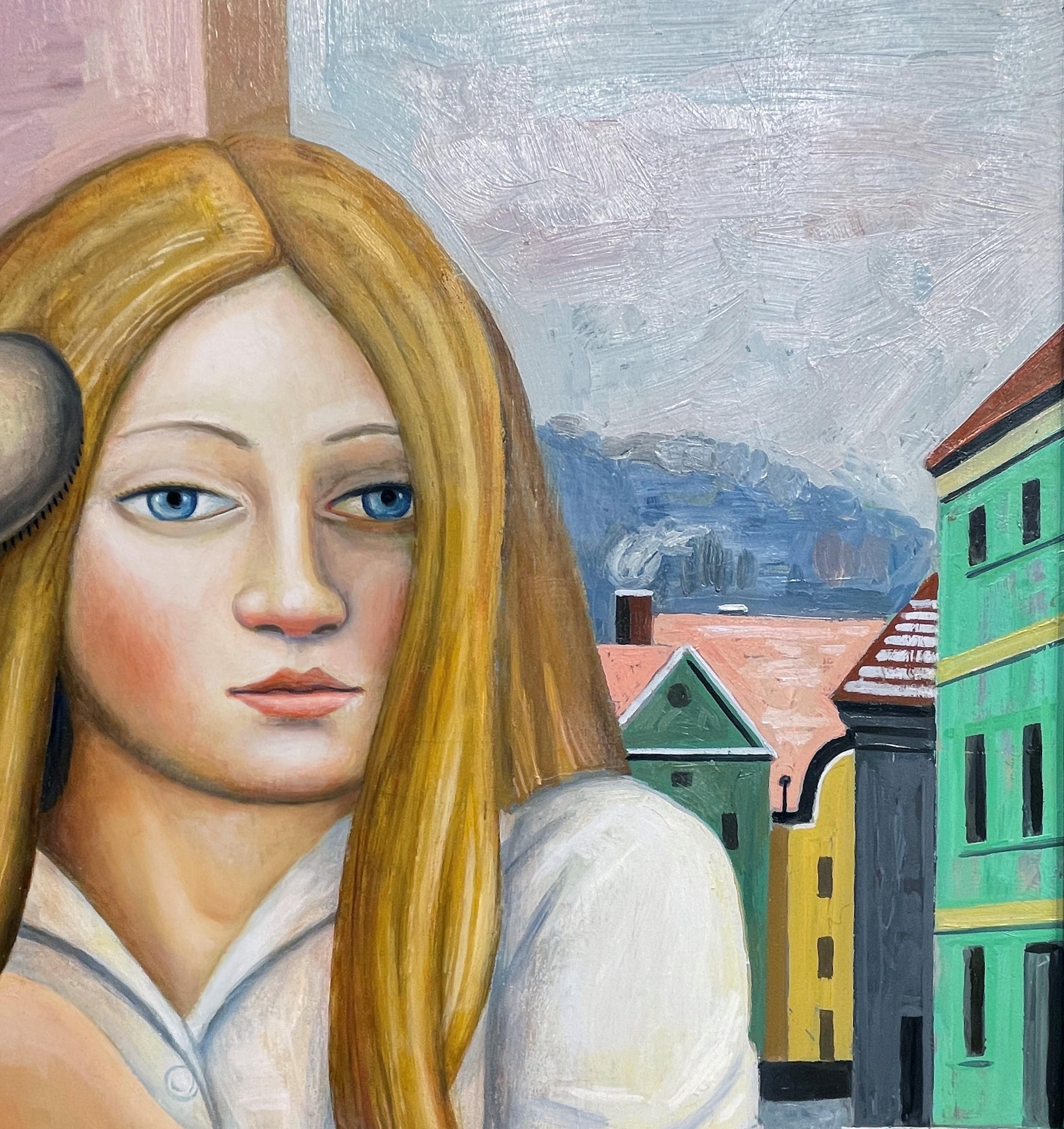 Brushing Her Hair - Portrait of a Young Woman with Various Objects and Window - Contemporary Painting by Rick Beerhorst