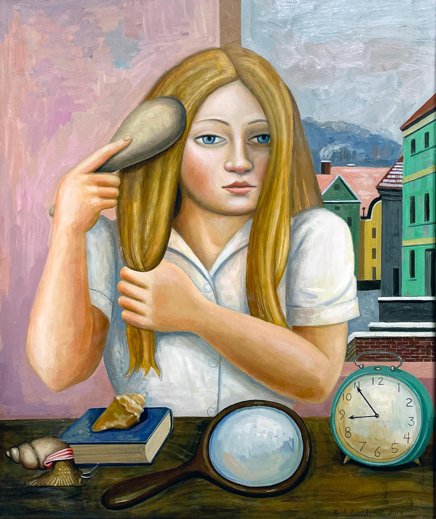 Rick Beerhorst Portrait Painting - Brushing Her Hair - Portrait of a Young Woman with Various Objects and Window
