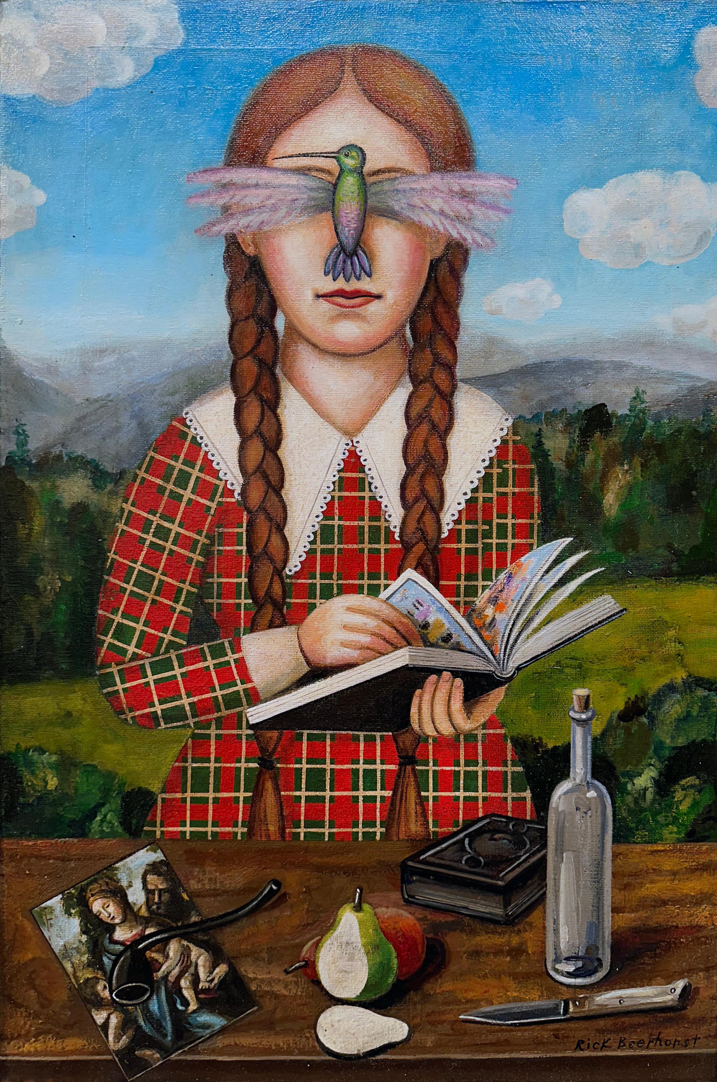 Hummingbird Girl (With Her Book) Woman Reading, Oil on Canvas, Artist Made Frame 5