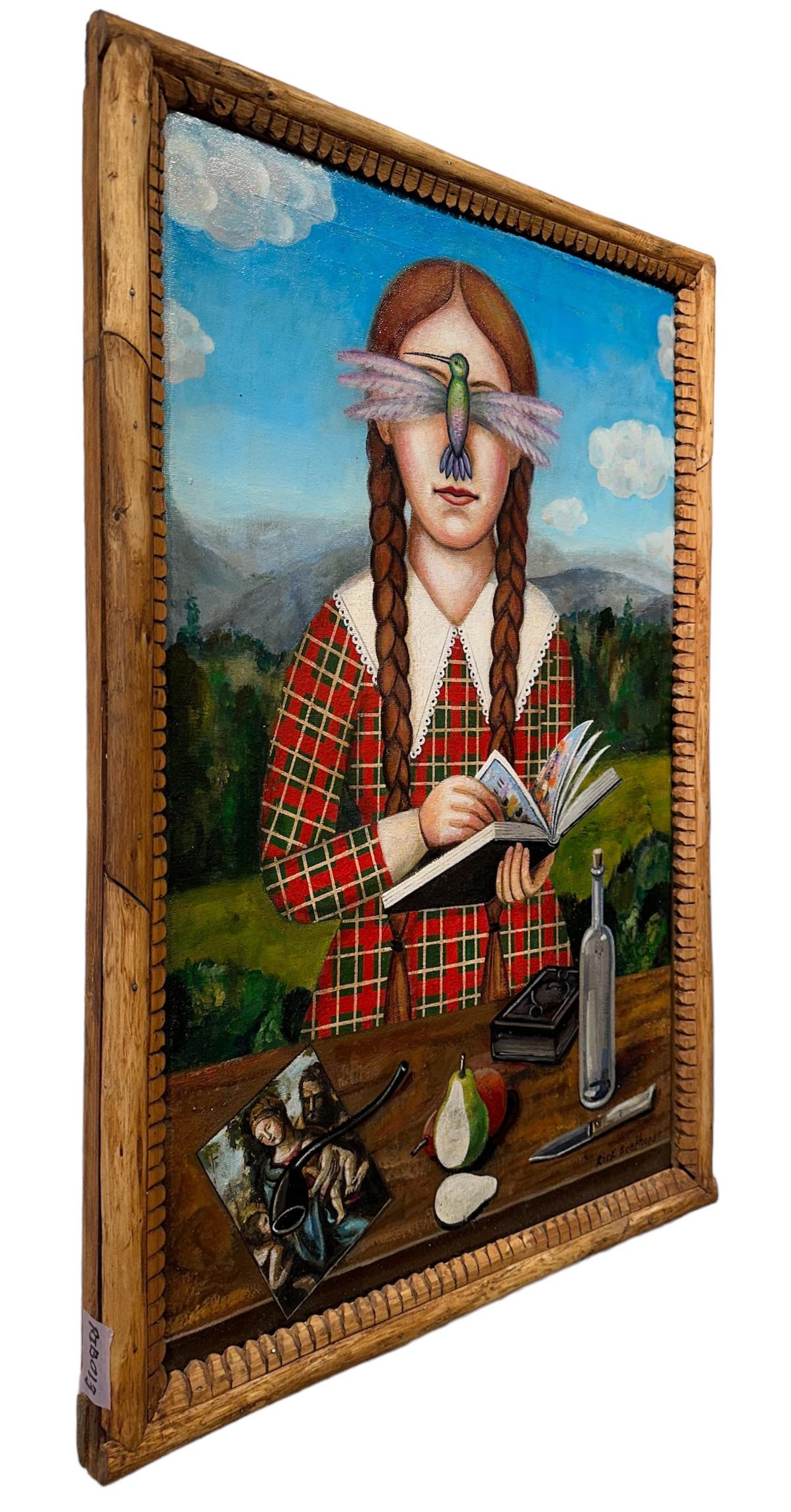 Hummingbird Girl (With Her Book) Woman Reading, Oil on Canvas, Artist Made Frame - Painting by Rick Beerhorst