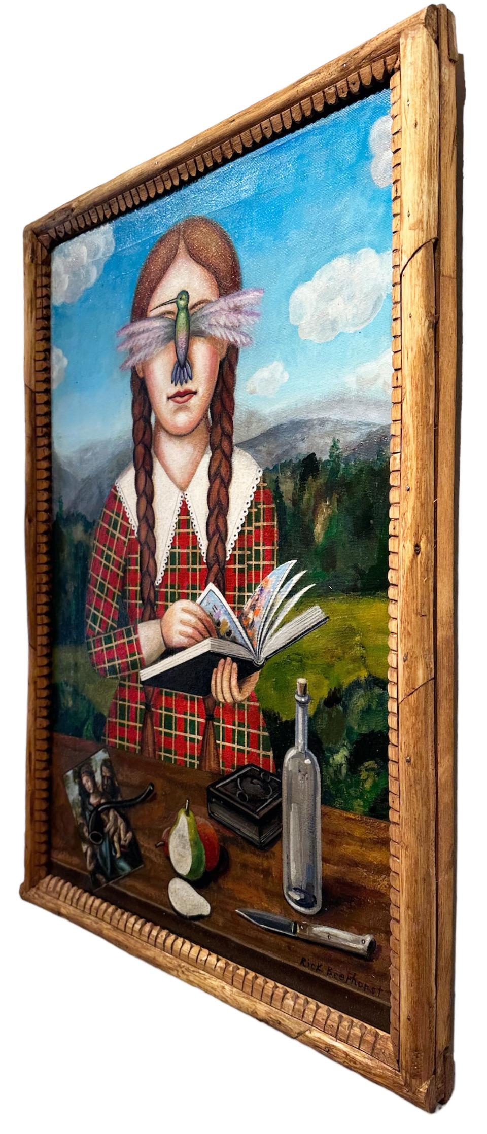 Hummingbird Girl (With Her Book) Woman Reading, Oil on Canvas, Artist Made Frame - Contemporary Painting by Rick Beerhorst