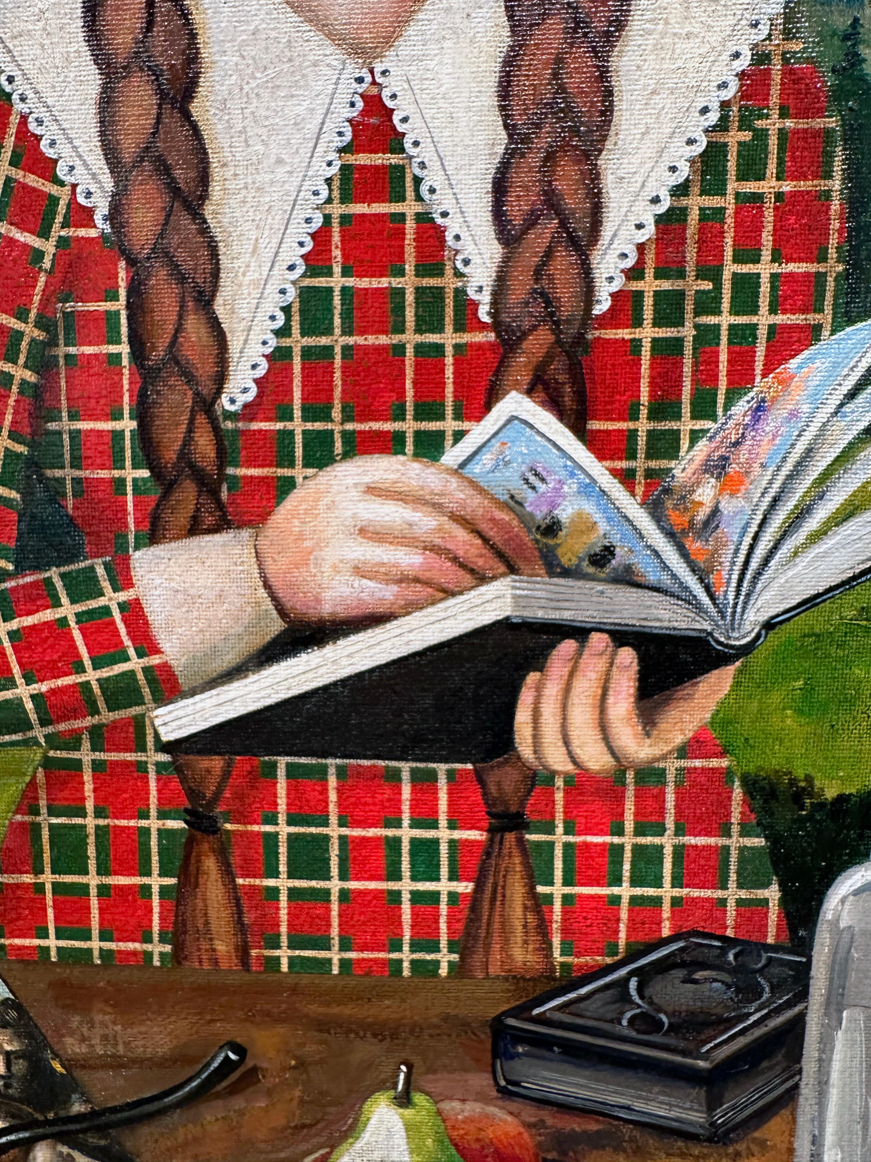 Hummingbird Girl (With Her Book) Woman Reading, Oil on Canvas, Artist Made Frame 1