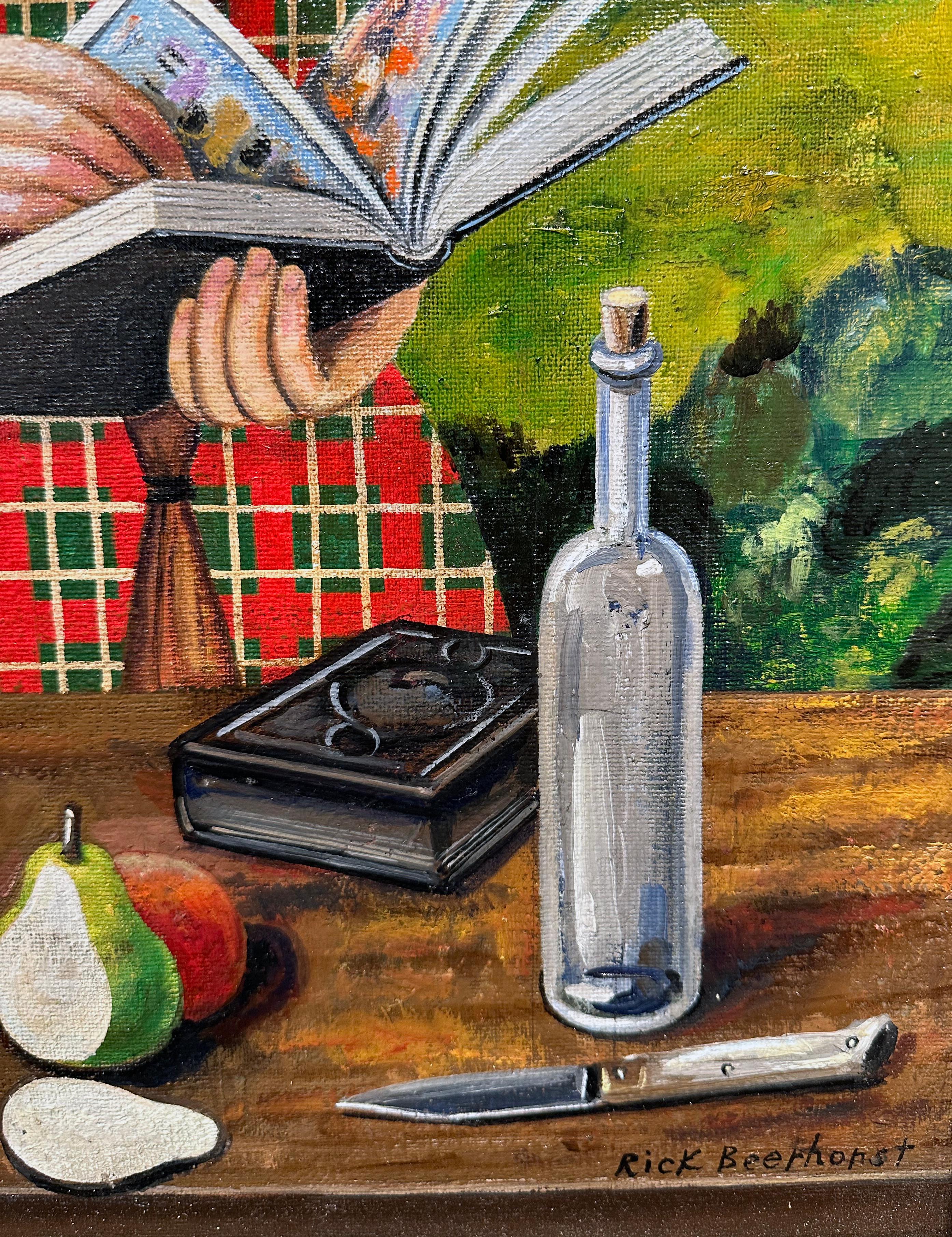 Hummingbird Girl (With Her Book) Woman Reading, Oil on Canvas, Artist Made Frame 3