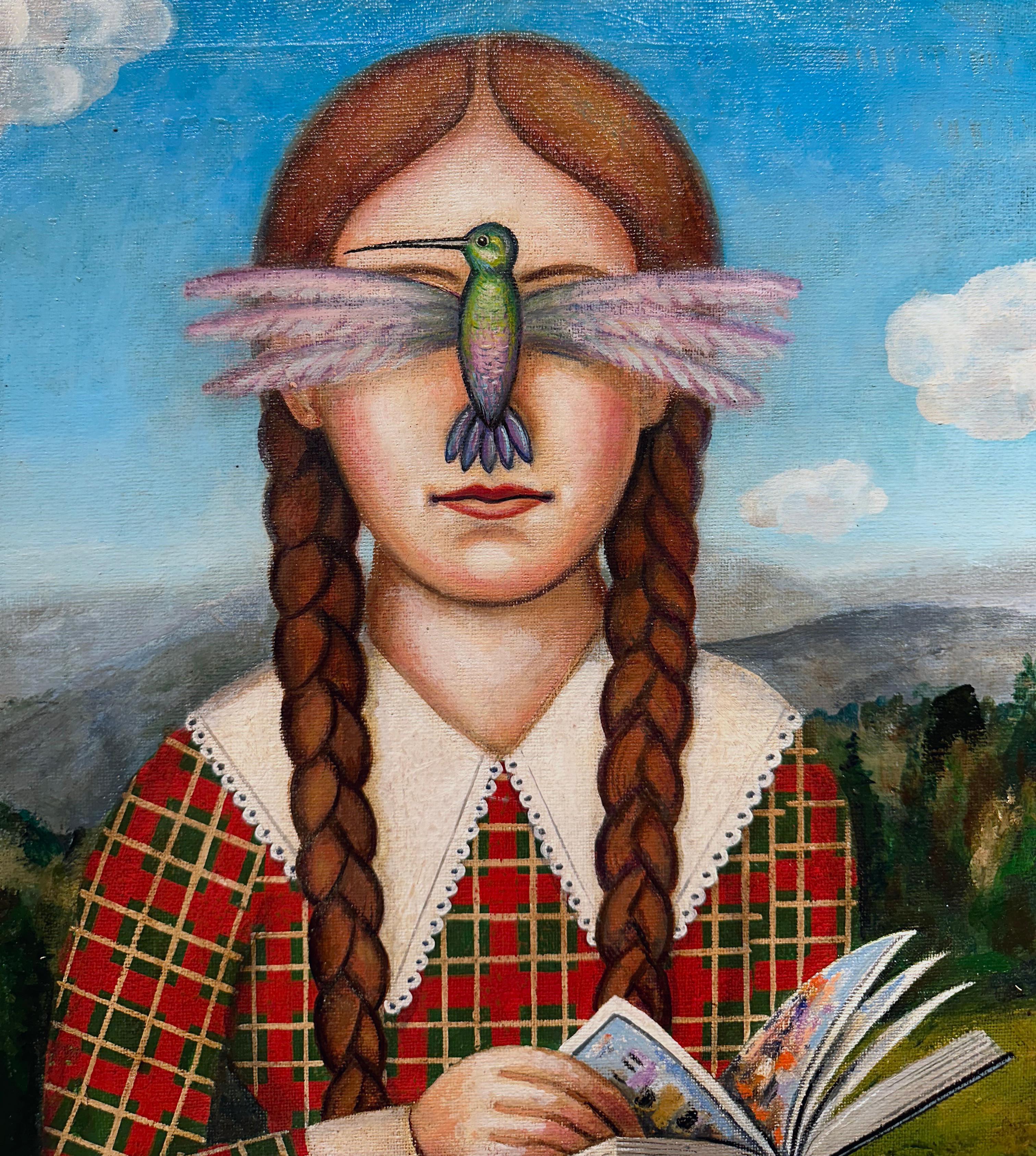 Hummingbird Girl (With Her Book) Woman Reading, Oil on Canvas, Artist Made Frame 4