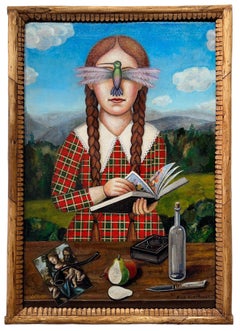 Ragazza colibrì (con il suo libro), donna che legge, olio su tela, cornice d'artista