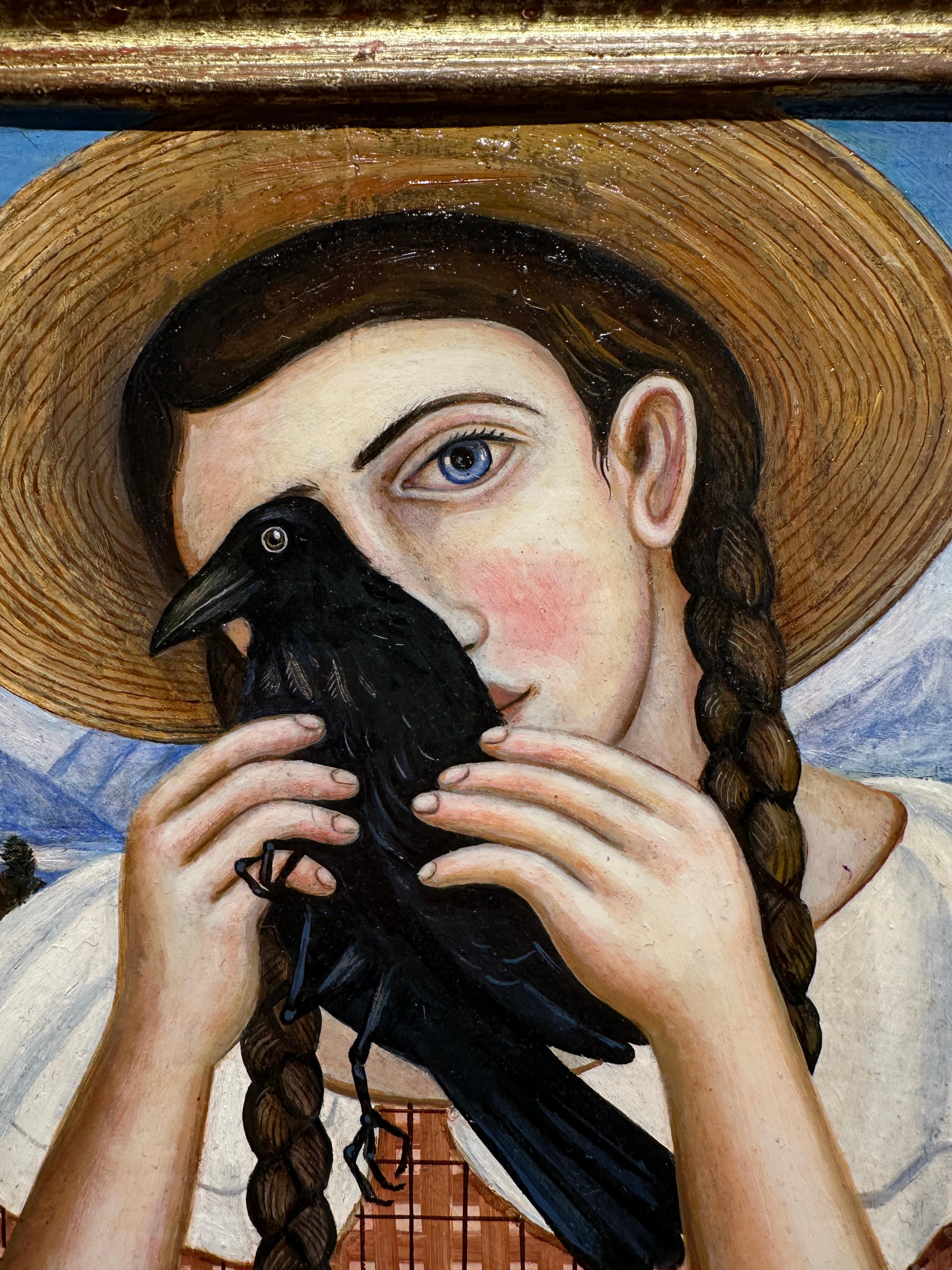 In ancient Rome and Augur was a religious official sought to interpret signs, especially the behavior of birds in order to predict divine approval or disapproval of proposed actions. In this painting, a wise looking young girl holds a crow in her