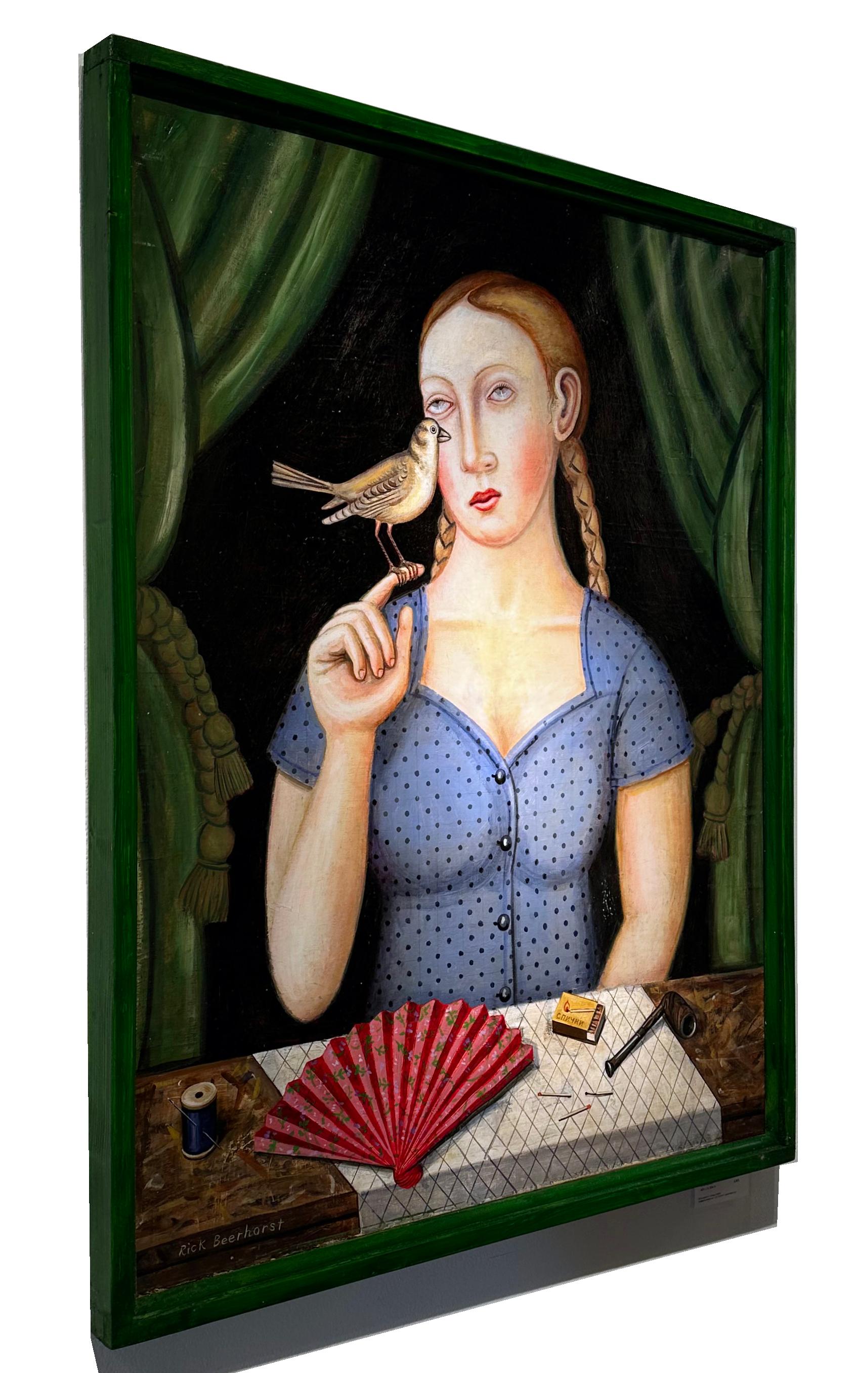 Self Love - Giovane donna con passero, olio originale su tela, cornice d'artista - Painting di Rick Beerhorst