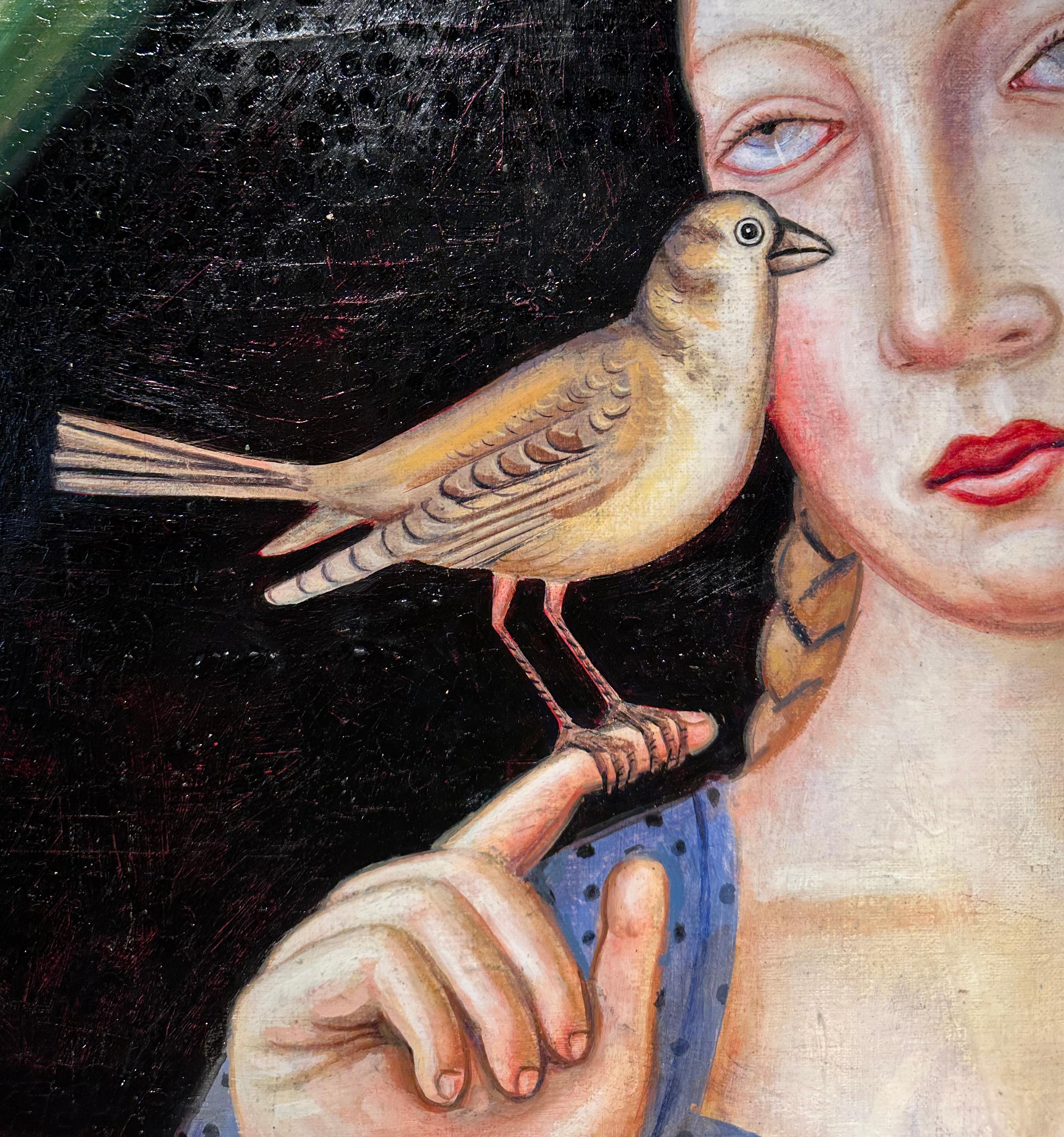 Self Love - Giovane donna con passero, olio originale su tela, cornice d'artista - Painting Contemporaneo di Rick Beerhorst