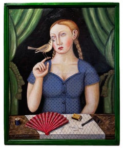 Self Love - Giovane donna con passero, olio originale su tela, cornice d'artista