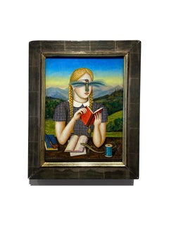 Temperance - Femme lisant avec colibri et lézard, peinture à l'huile sur panneau