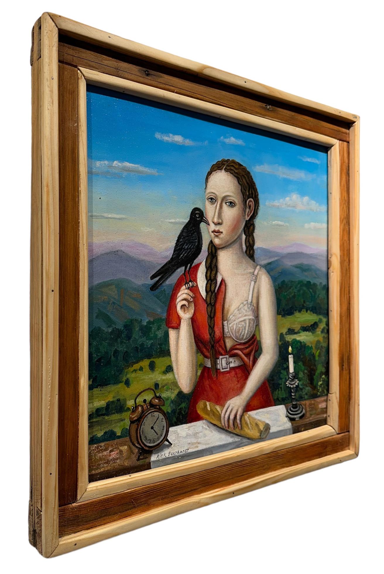 Il corvo - Ragazza in abito rosso con seno scoperto che tiene in mano un uccello, olio su tela - Painting di Rick Beerhorst