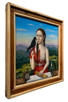 The Raven - Girl In Red Dress with Exposed Breast, Holding Bird, Oil on Canvas