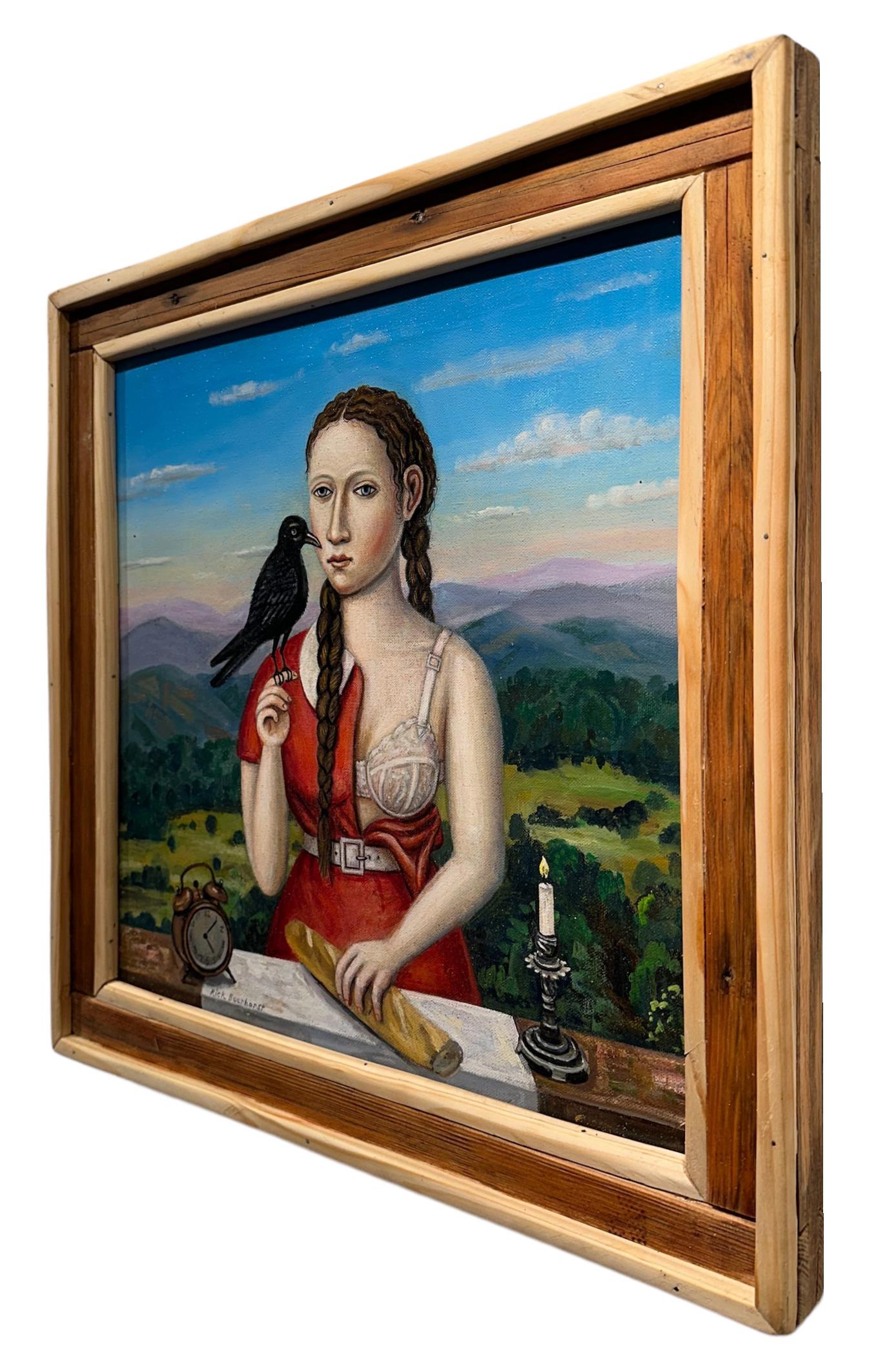 Il corvo - Ragazza in abito rosso con seno scoperto che tiene in mano un uccello, olio su tela - Painting Contemporaneo di Rick Beerhorst