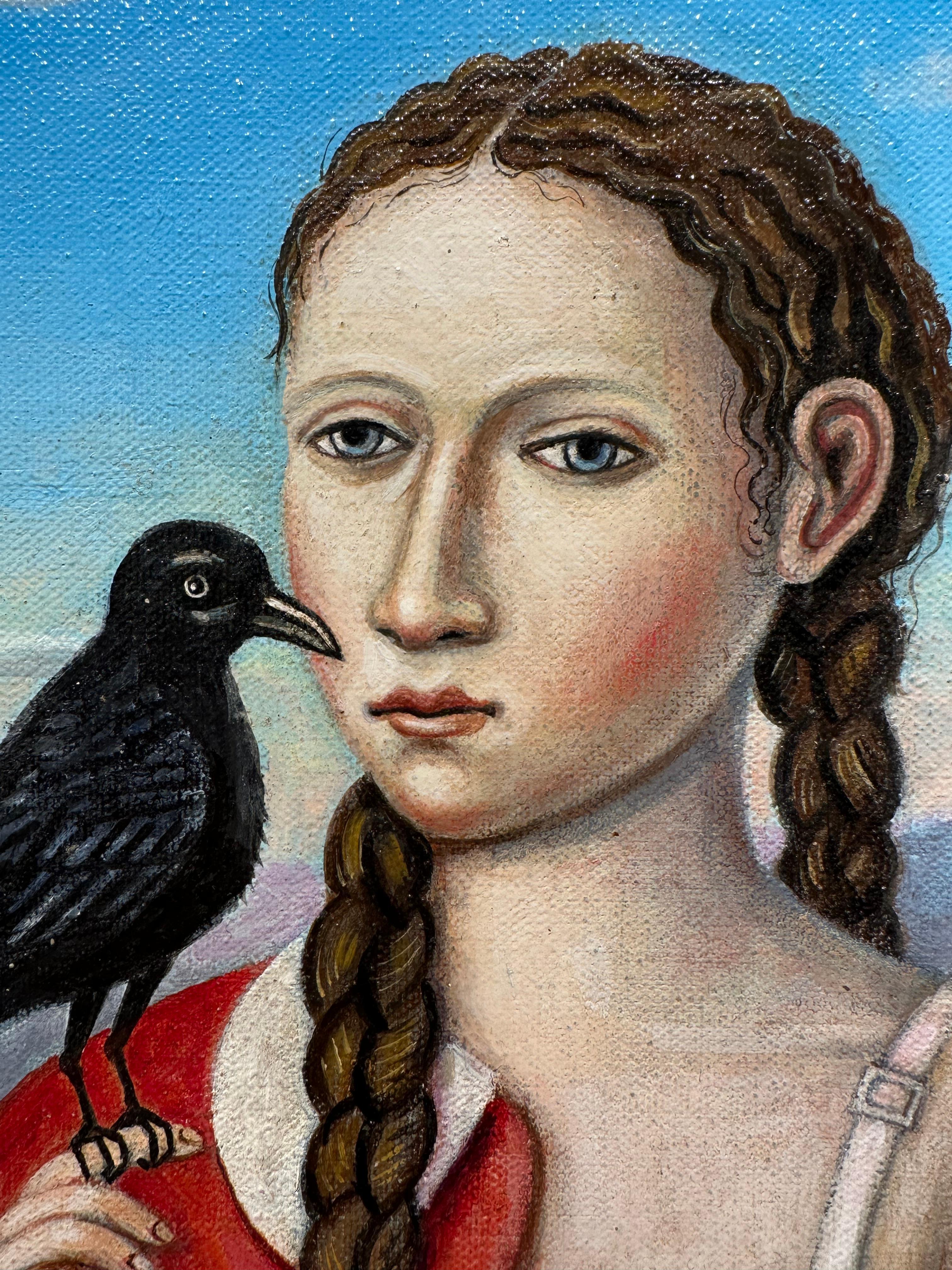 Il corvo - Ragazza in abito rosso con seno scoperto che tiene in mano un uccello, olio su tela - Portrait Painting Nero di Rick Beerhorst