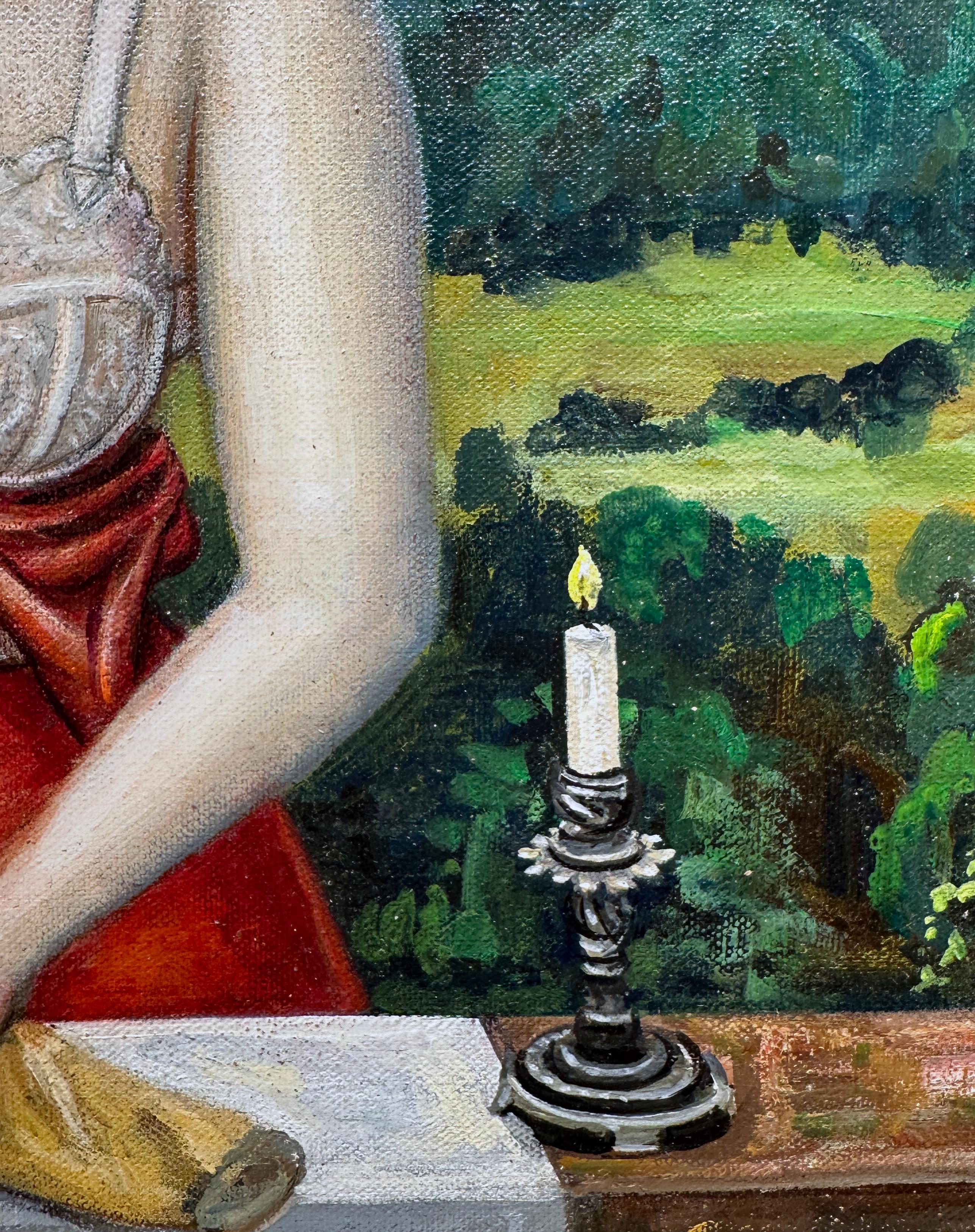 Il corvo - Ragazza in abito rosso con seno scoperto che tiene in mano un uccello, olio su tela in vendita 1