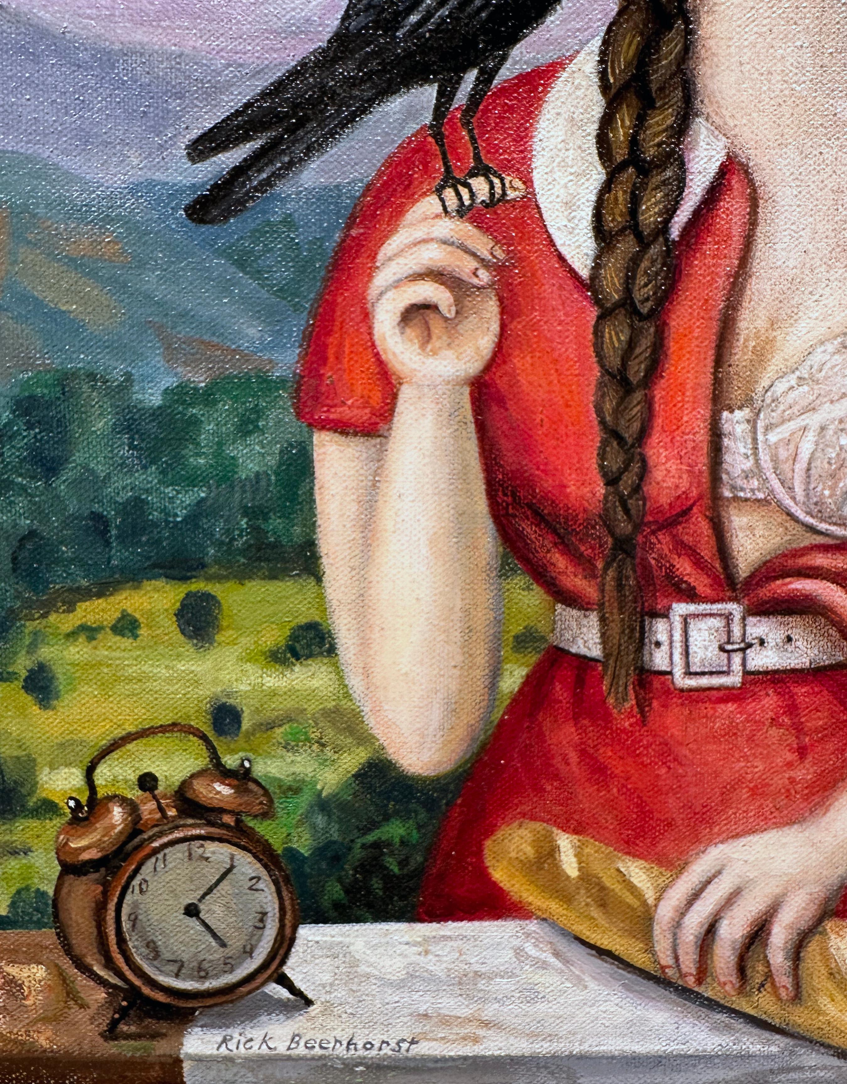 Il corvo - Ragazza in abito rosso con seno scoperto che tiene in mano un uccello, olio su tela in vendita 2