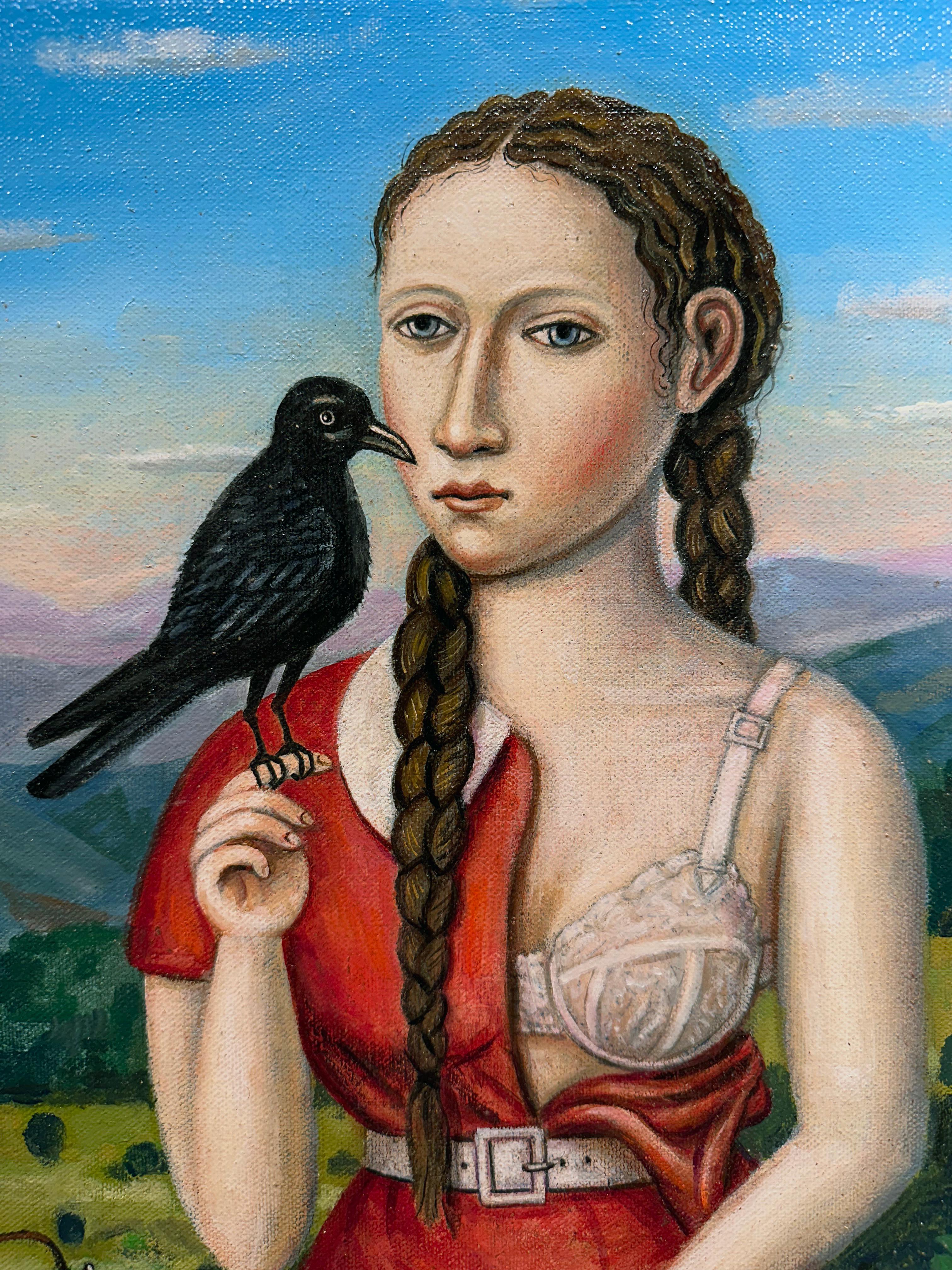 Il corvo - Ragazza in abito rosso con seno scoperto che tiene in mano un uccello, olio su tela in vendita 3