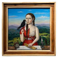 The Raven - Mädchen in rotem Kleid mit offener Brust, Vogel hält Vogel, Öl auf Leinwand