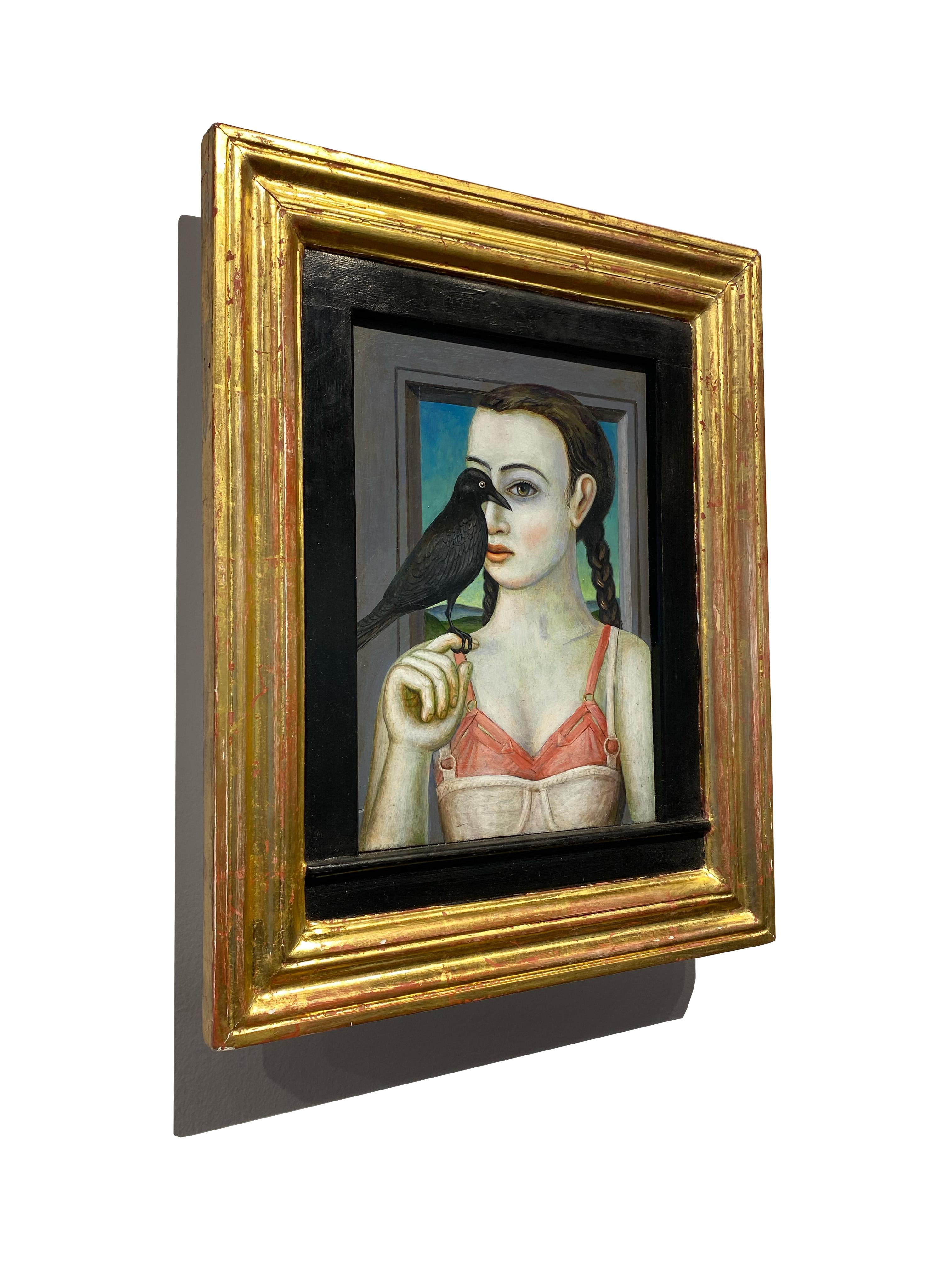 The Strumpet and the Raven - Original Oil on Panel, Framed in Heavy Gold Frame - Painting by Rick Beerhorst