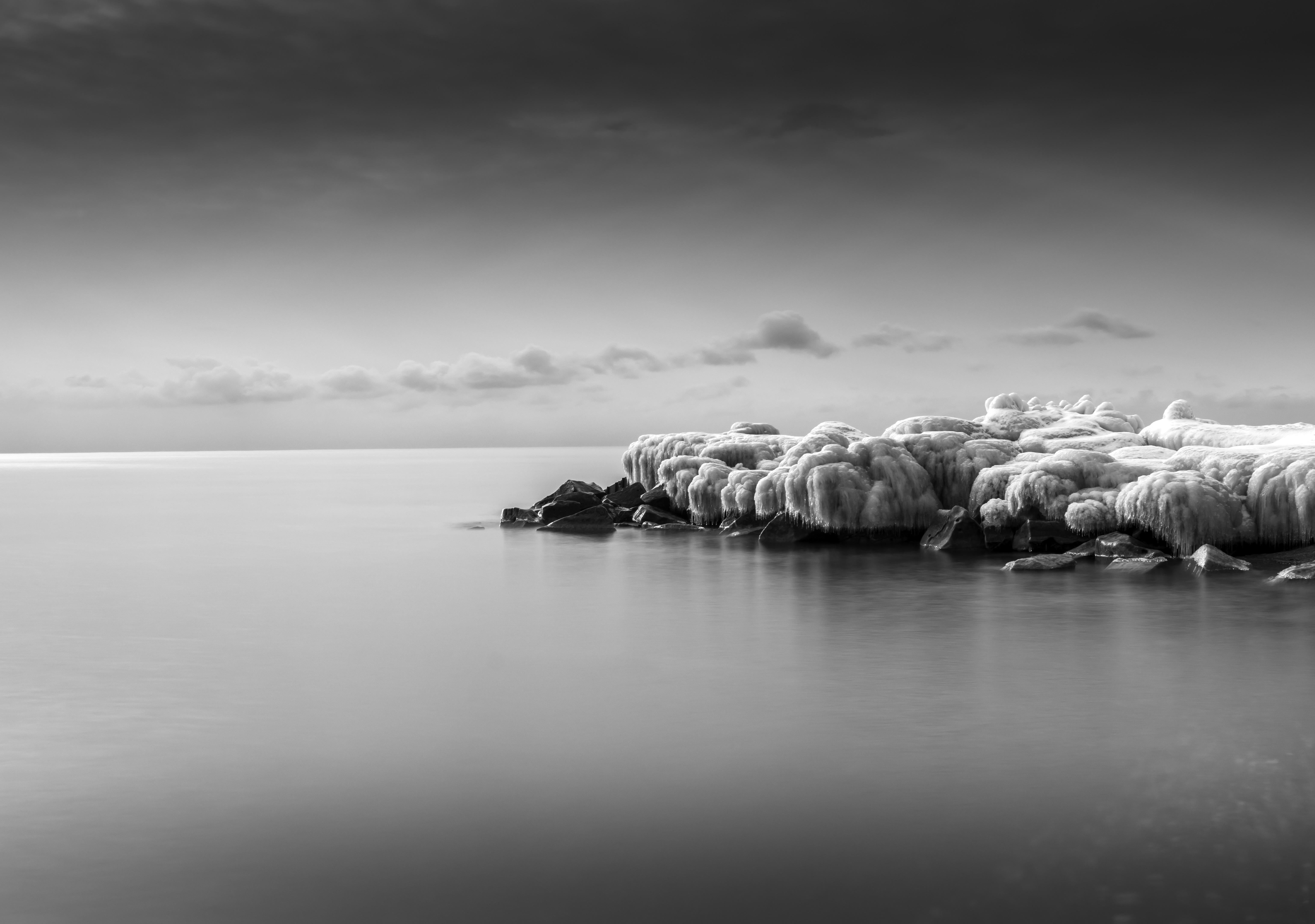 Rick Bogacz Black and White Photograph - "Ice Covered Rocks, The Beaches", signed archival pigment print