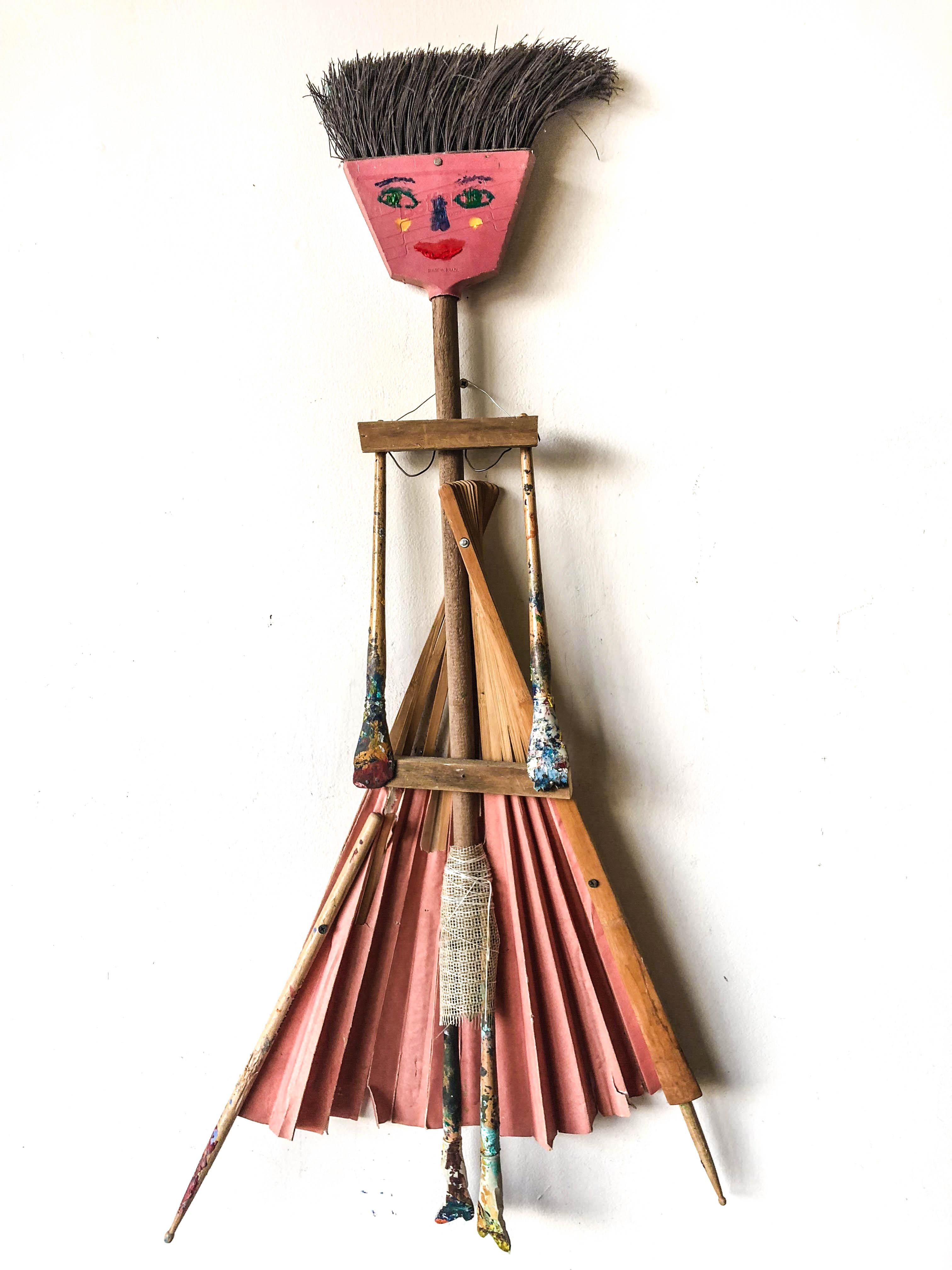 Rick Borg Figurative Sculpture - Bettanin Broom Woman with Found Objects//Folk Art