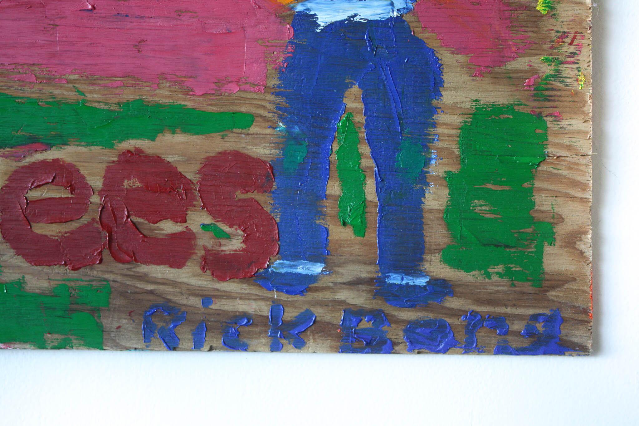 Birds and Bees on Found Wood//Folk Art - Pink Figurative Painting by Rick Borg