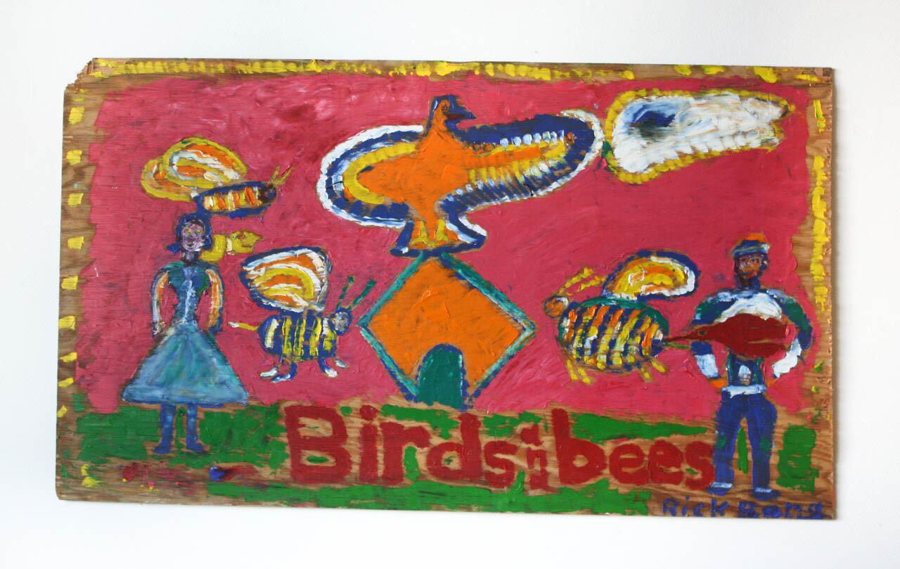 Rick Borg Figurative Painting - Birds and Bees on Found Wood//Folk Art