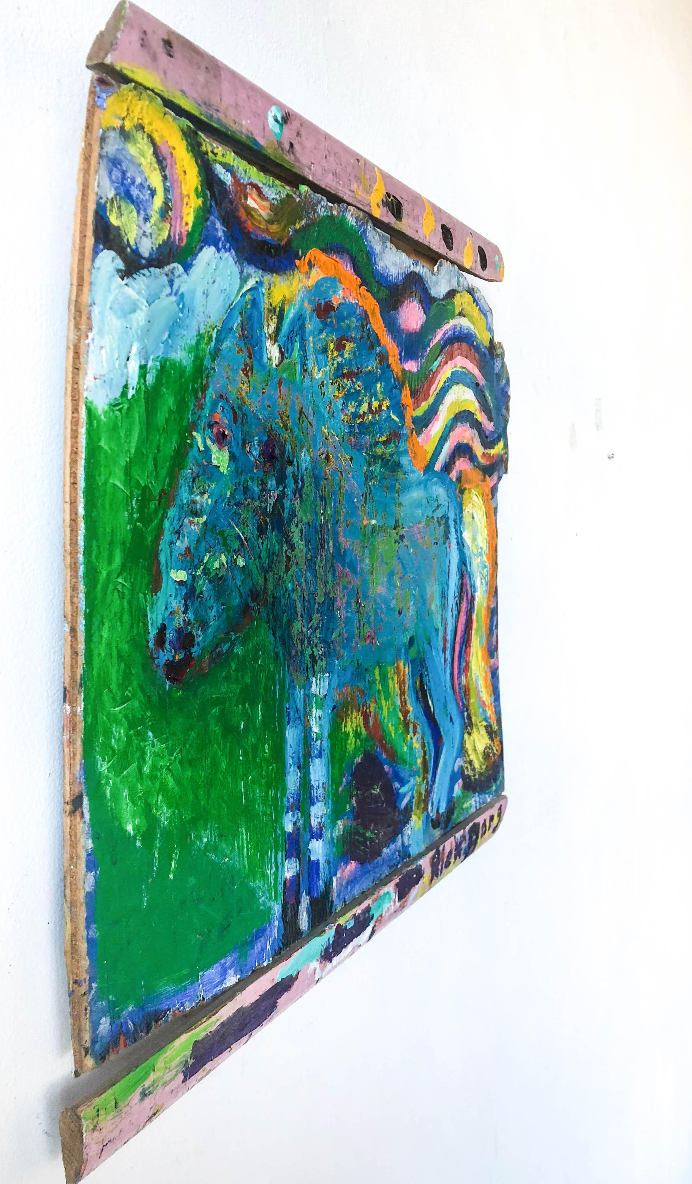 Blue Sparkly Horse on Found Wood//Folk Art - Painting by Rick Borg