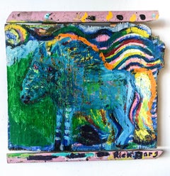 Blue Sparkly Horse on Found Wood//Folk Art