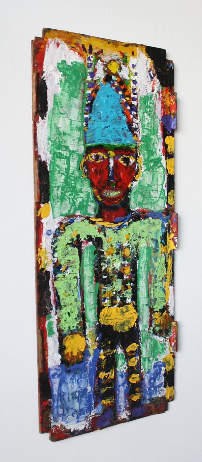 Clown with Antennas on Found Wood//Folk Art - Painting by Rick Borg
