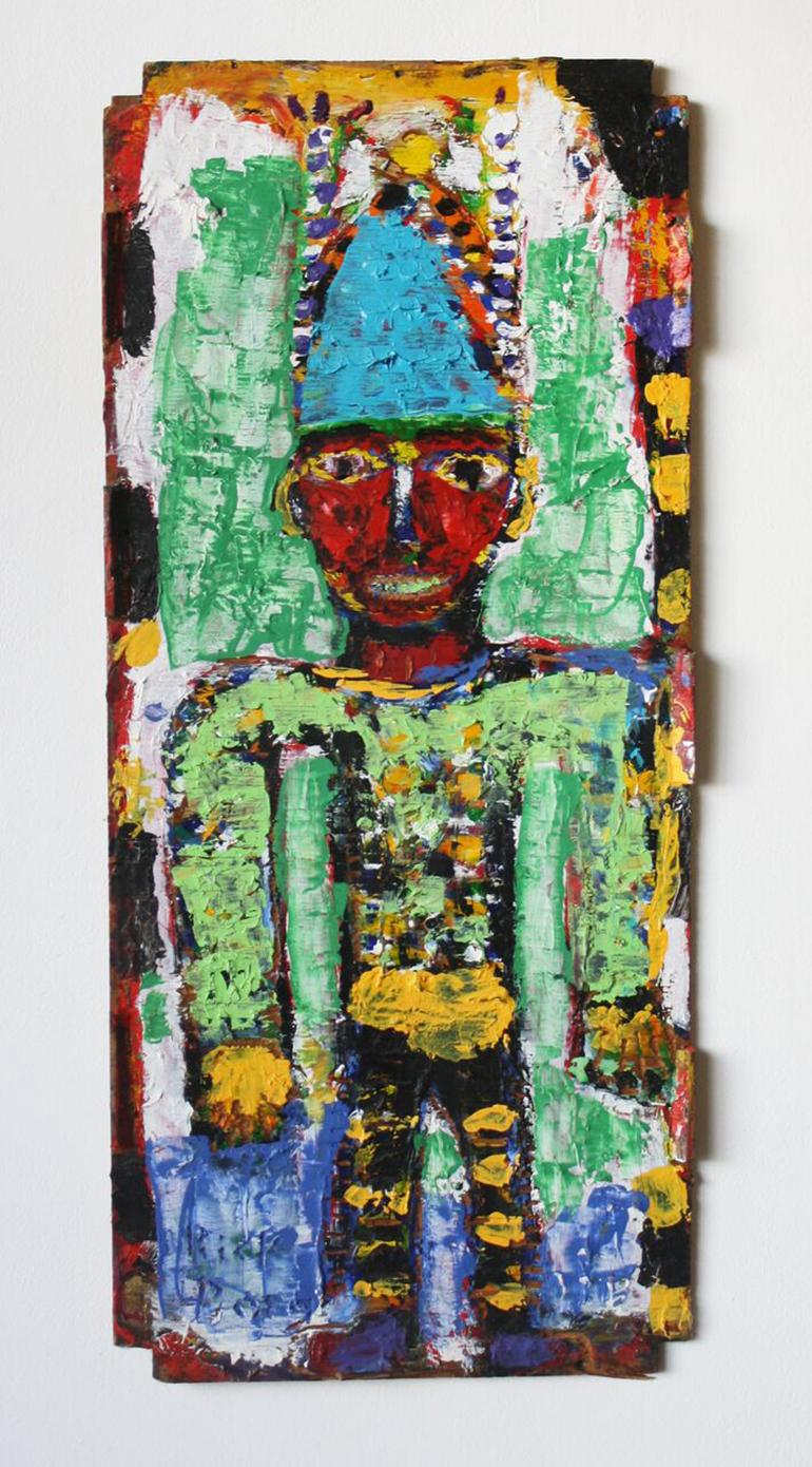 Rick Borg Figurative Painting - Clown with Antennas on Found Wood//Folk Art