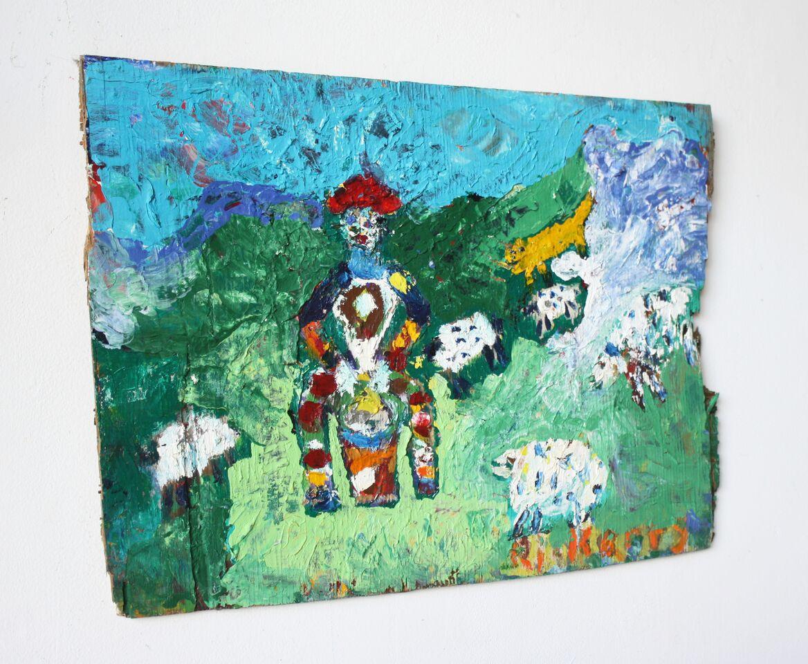 Drummer with Sheep on Found Wood//Folk Art - Painting by Rick Borg