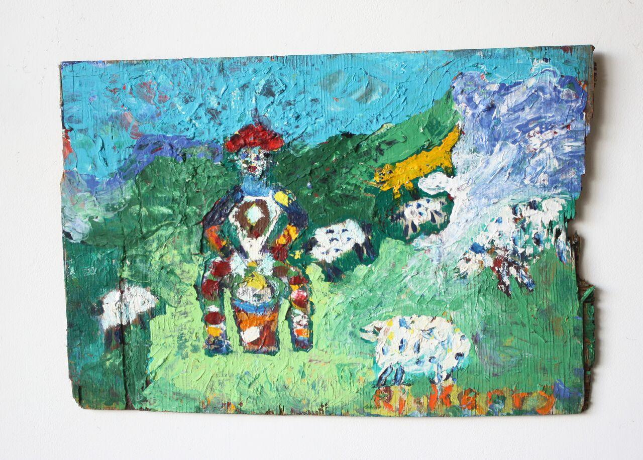 Rick Borg Figurative Painting - Drummer with Sheep on Found Wood//Folk Art