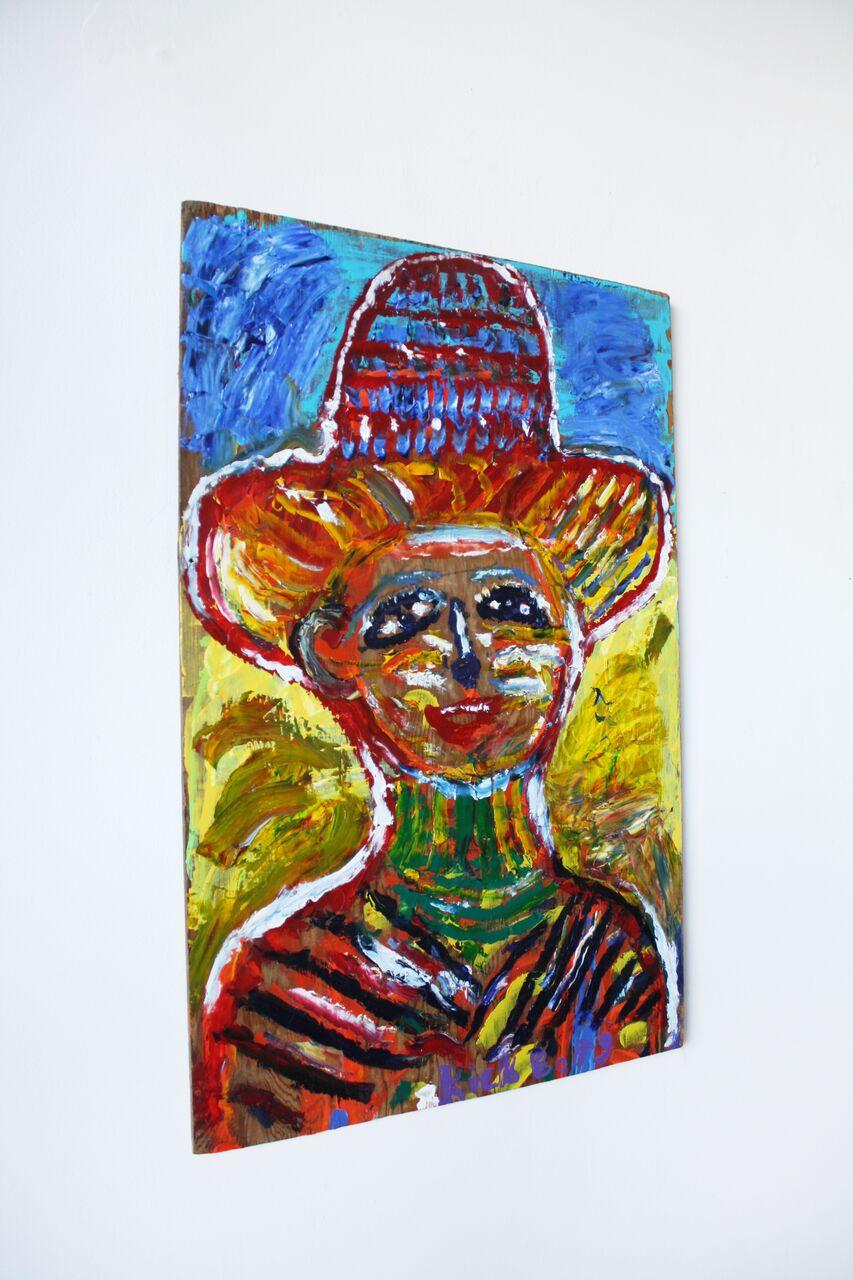 Happy Man Under Hat on Found Wood//Folk Art - Painting by Rick Borg