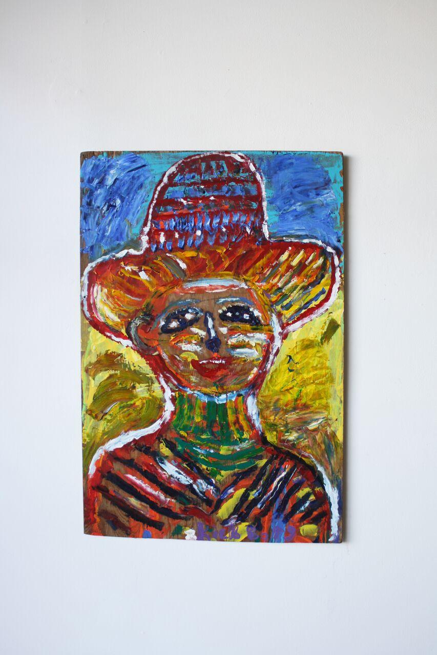 Rick Borg Figurative Painting - Happy Man Under Hat on Found Wood//Folk Art