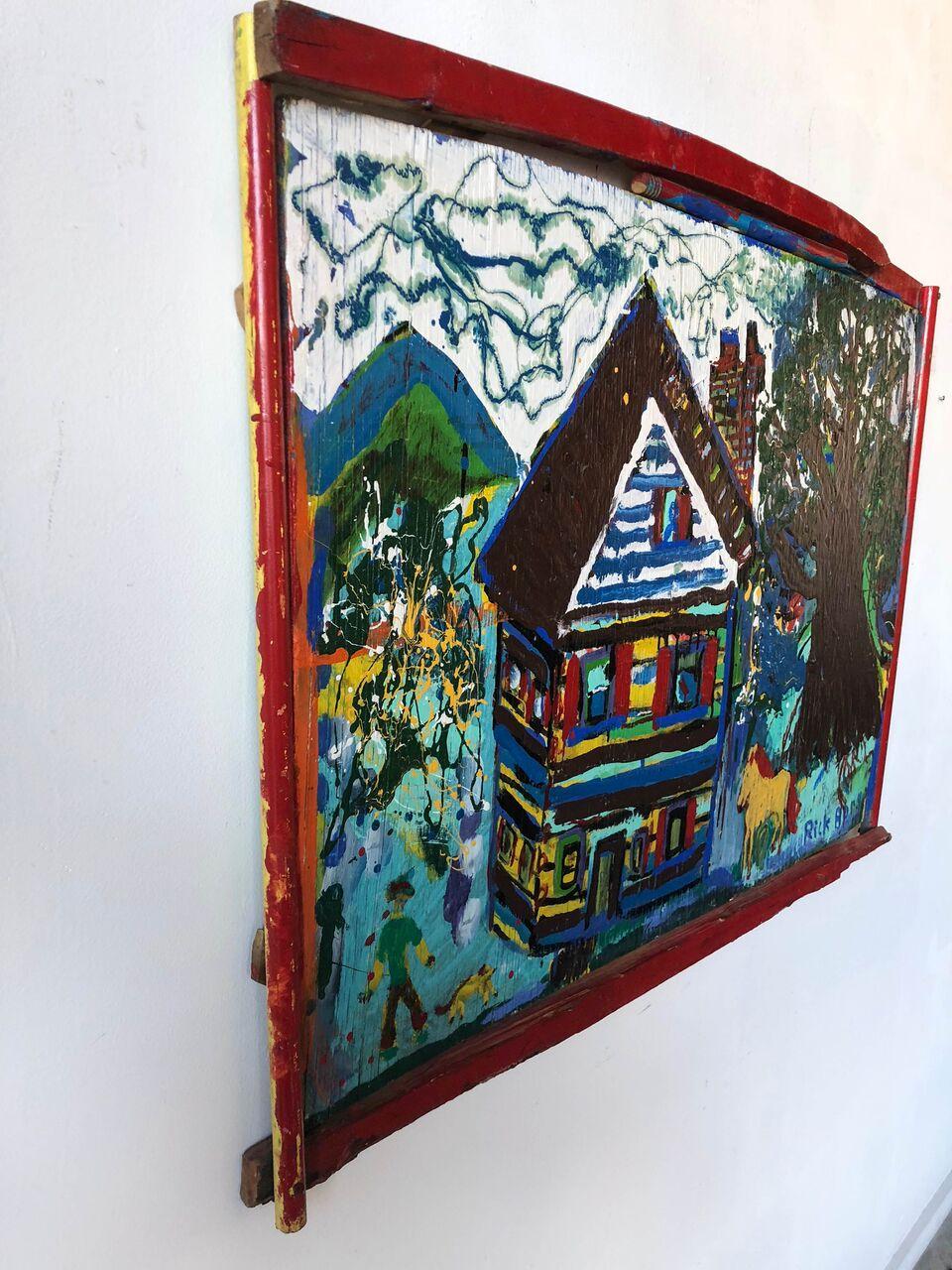 Log Cabin Scene on Found Wood//Folk Art - Painting by Rick Borg
