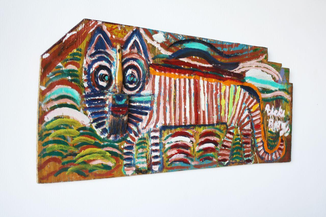 Paintbrush Tiger on Found Wood//Folk Art - Painting by Rick Borg